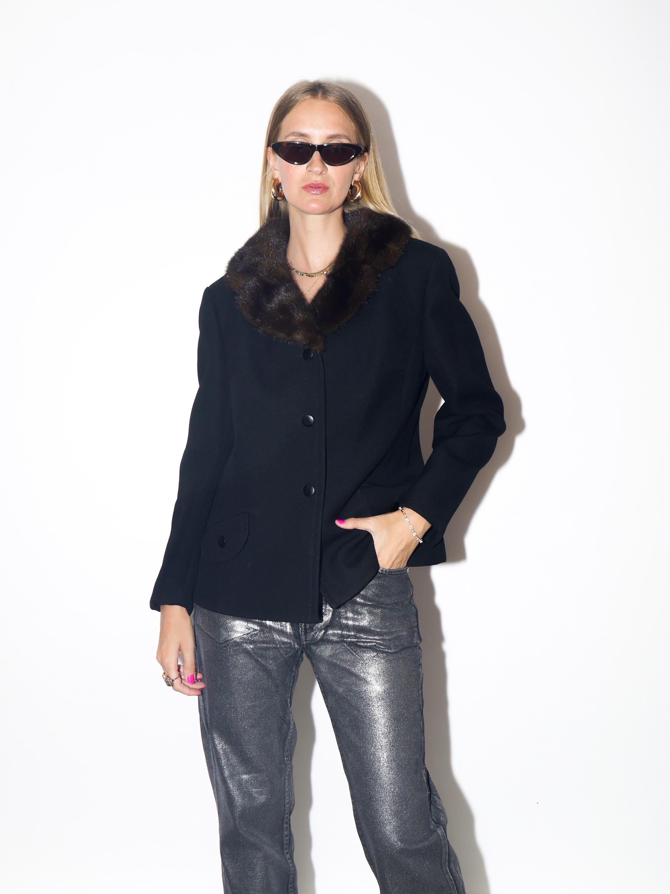 VINTAGE Wool Black Blazer With Real Brown Fur Collar From The 1980s By Maris
