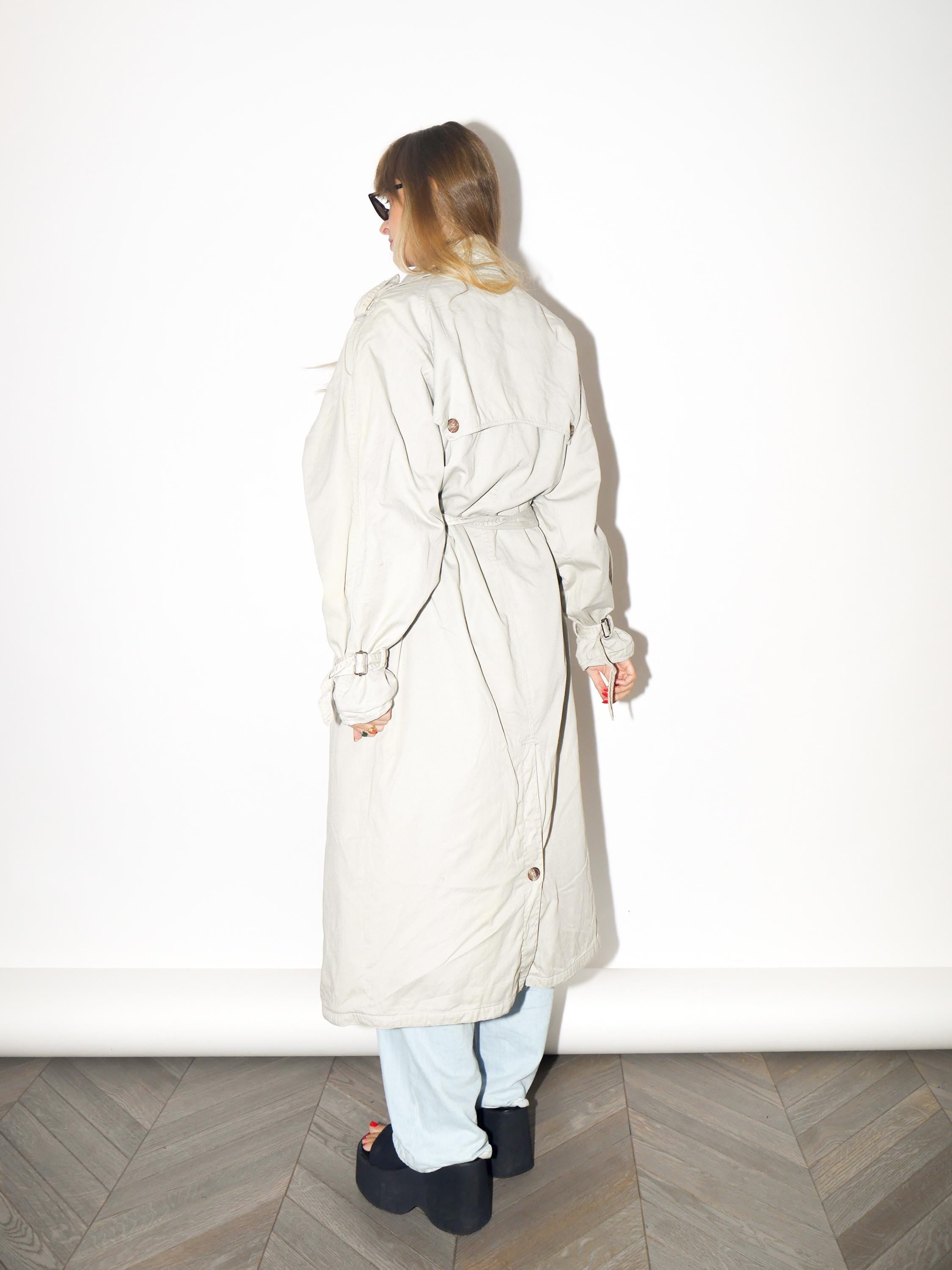 VINTAGE Beige Cotton Maxi Trench Coat With Belt And Printed Lining From The 1980s