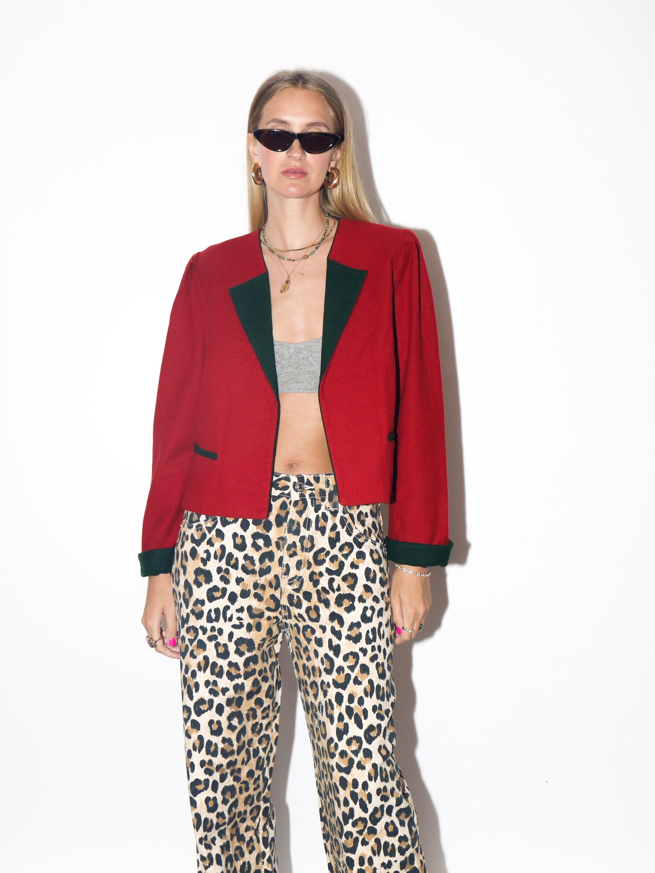 VINTAGE Wool Deep Red Cropped Austrian Blazer With Dark Green Velvet Collar And Cuffs From The 1980s By St Modell