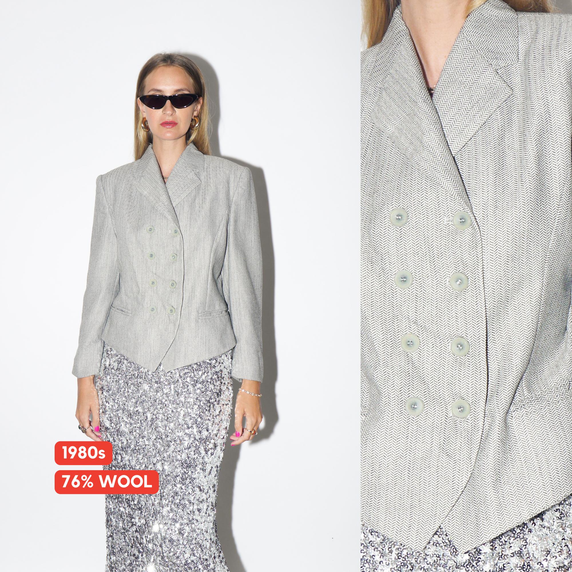 VINTAGE Grey Herringbone Virgin Wool Double Breasted Blazer With High Neckline From The 1980s By Betty Barclay