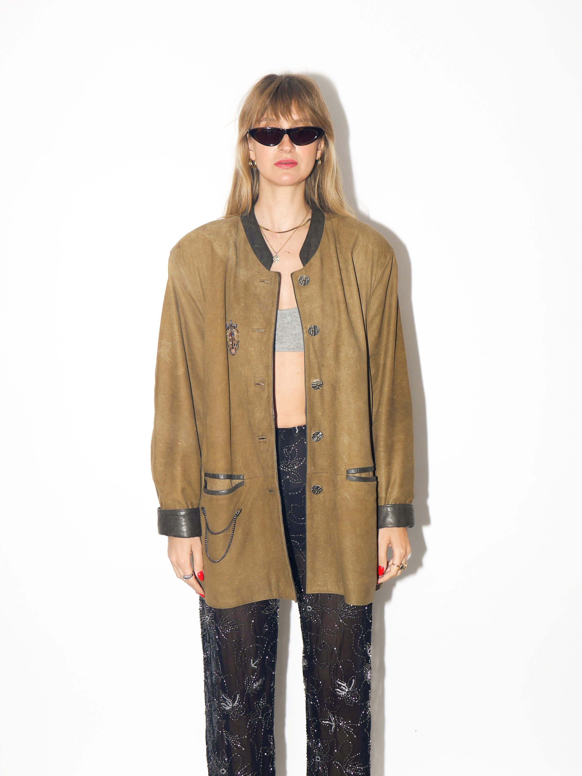 VINTAGE Khaki Brown Matte Leather Jacket With Embroidery From The