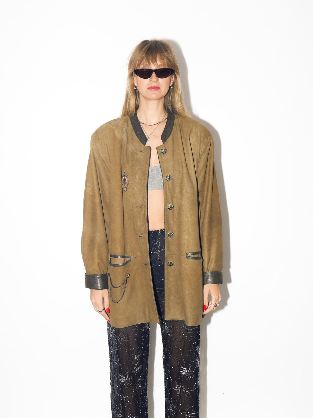 VINTAGE Khaki Brown Matte Leather Jacket With Embroidery From The 1980s by Leather Sound