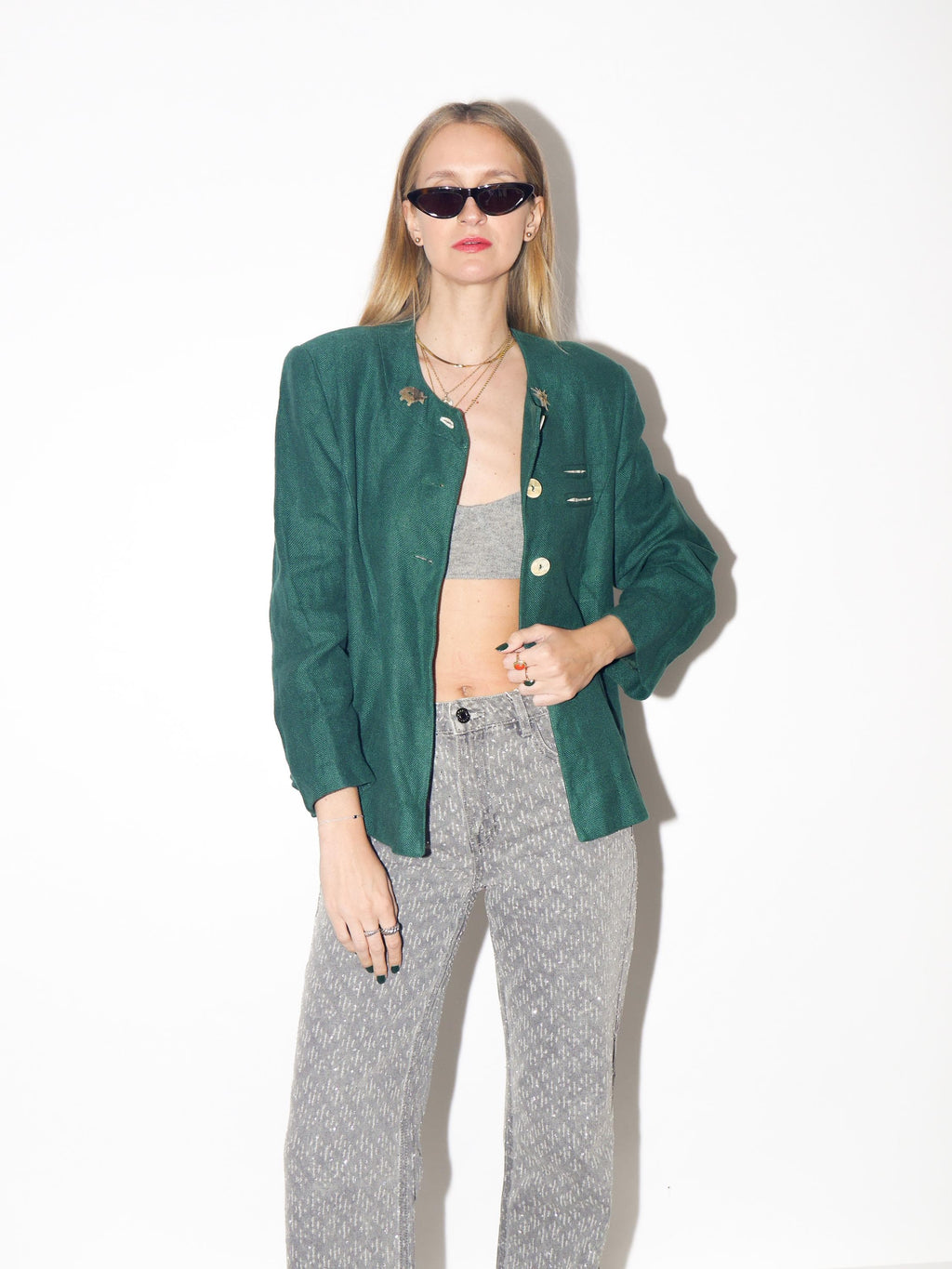 VINTAGE Bottle Green Austrian Folk Linen Blazer From The 1980s