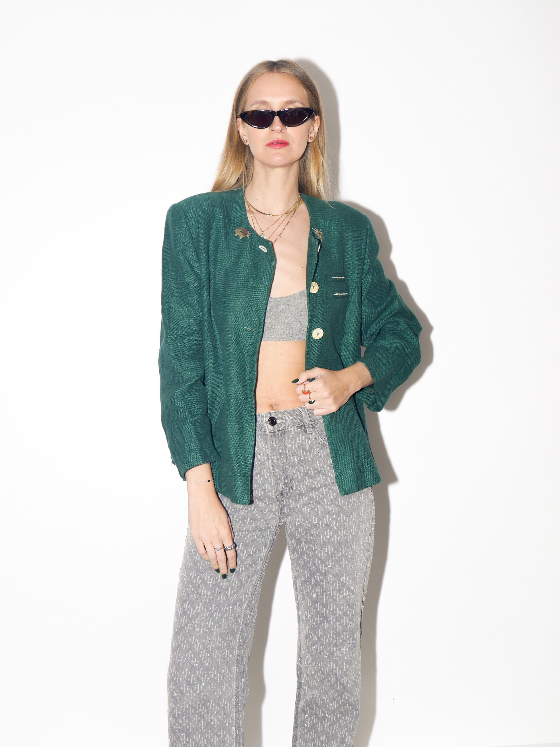 VINTAGE Bottle Green Austrian Folk Linen Blazer From The 1980s