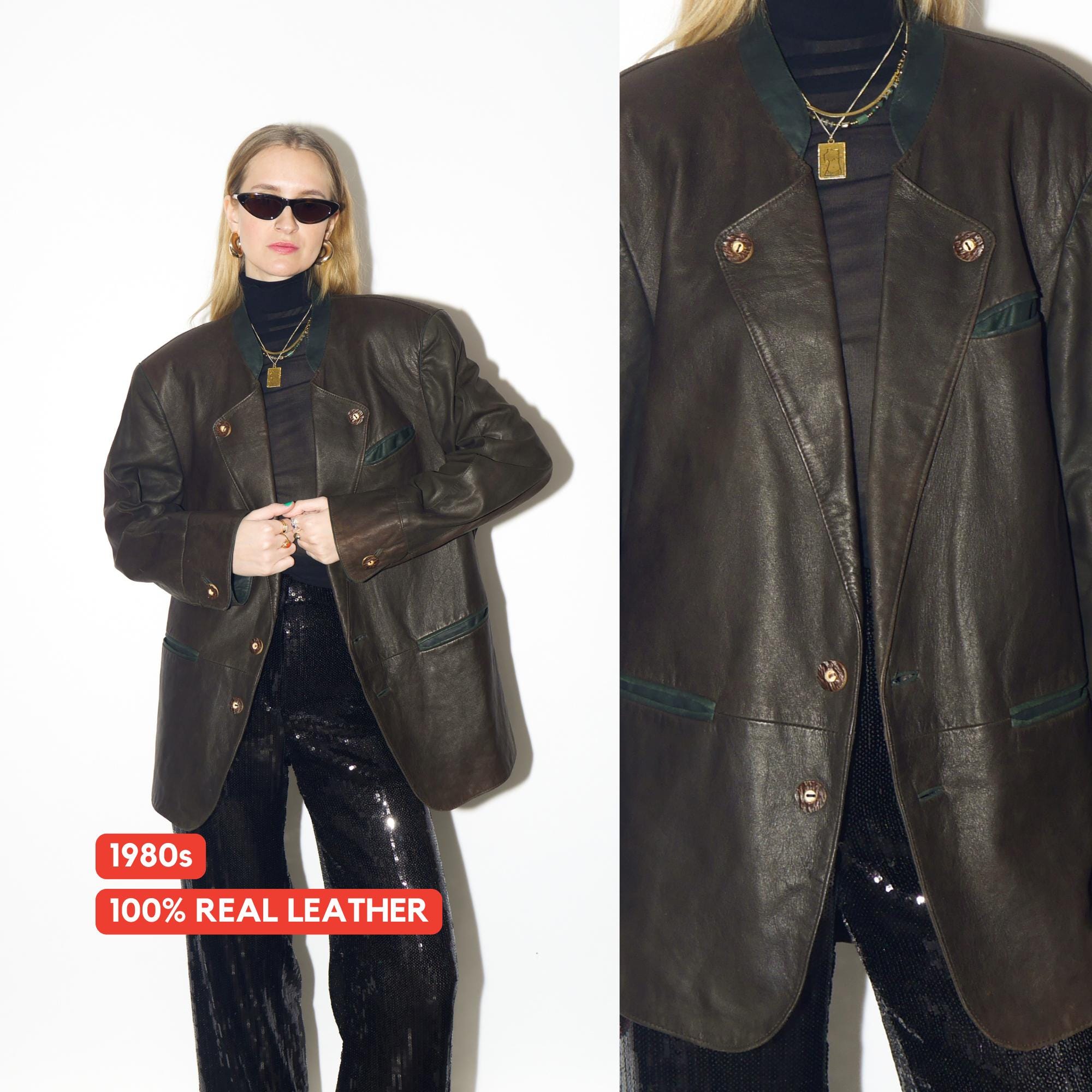 VINTAGE brown leather jacket from 1980s | Bavarian folk bronze leather blazer