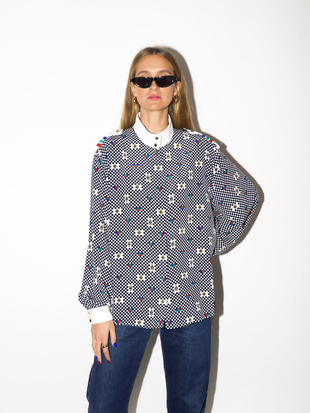 VINTAGE shirt 1980s | Yarell marine shirt | chequered shirt | soft fabric | stand-up collar shirt | white and black checkered pattern