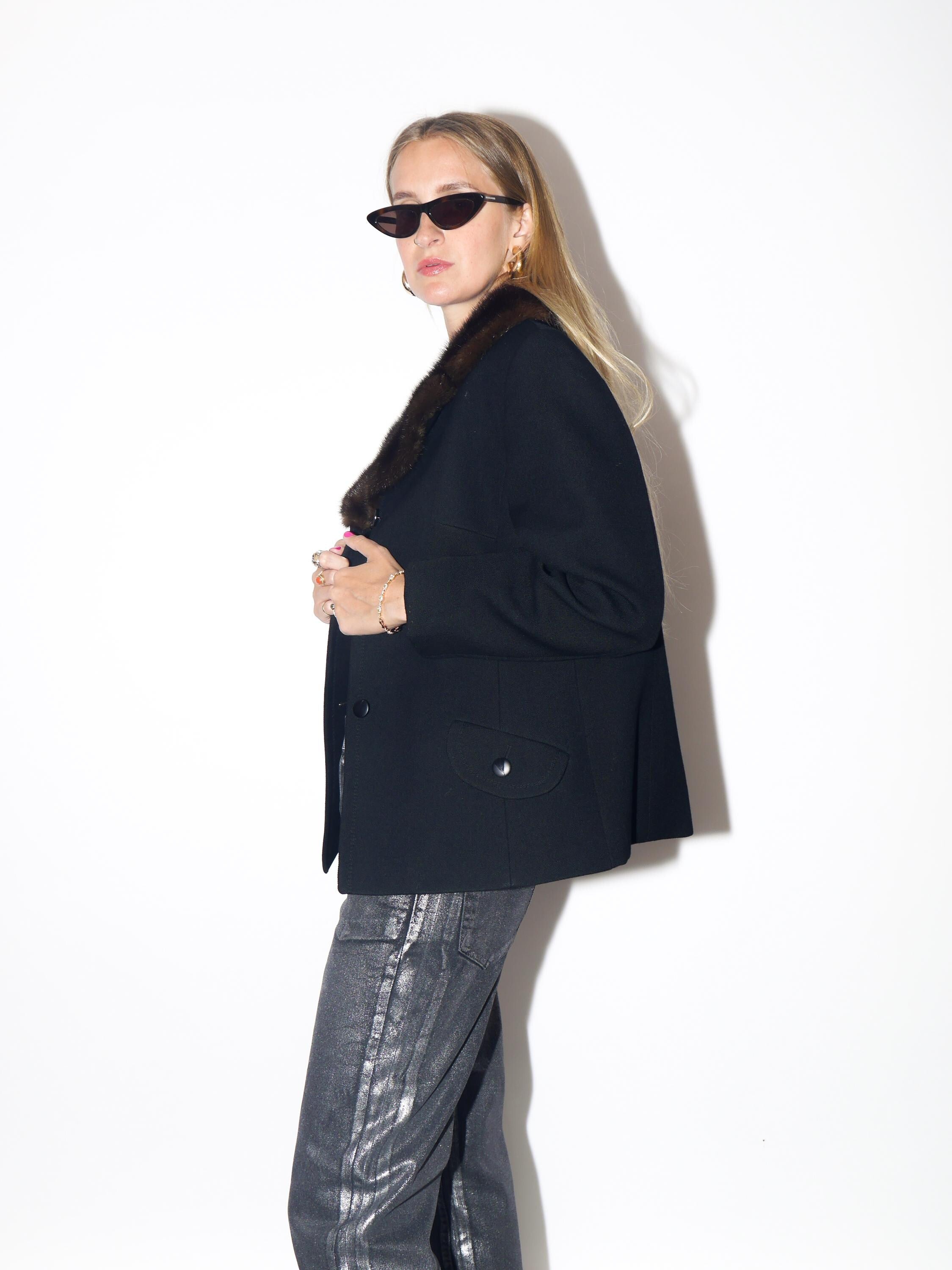 VINTAGE Wool Black Blazer With Real Brown Fur Collar From The 1980s By Maris