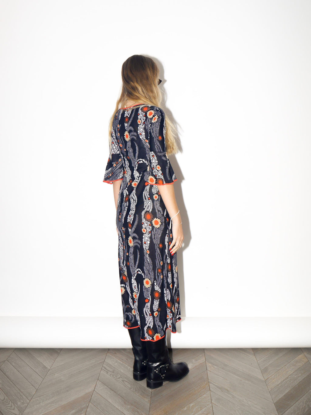 VINTAGE Black And Orange Floral Midi Dress With Ruffle Sleeves From The 1970s