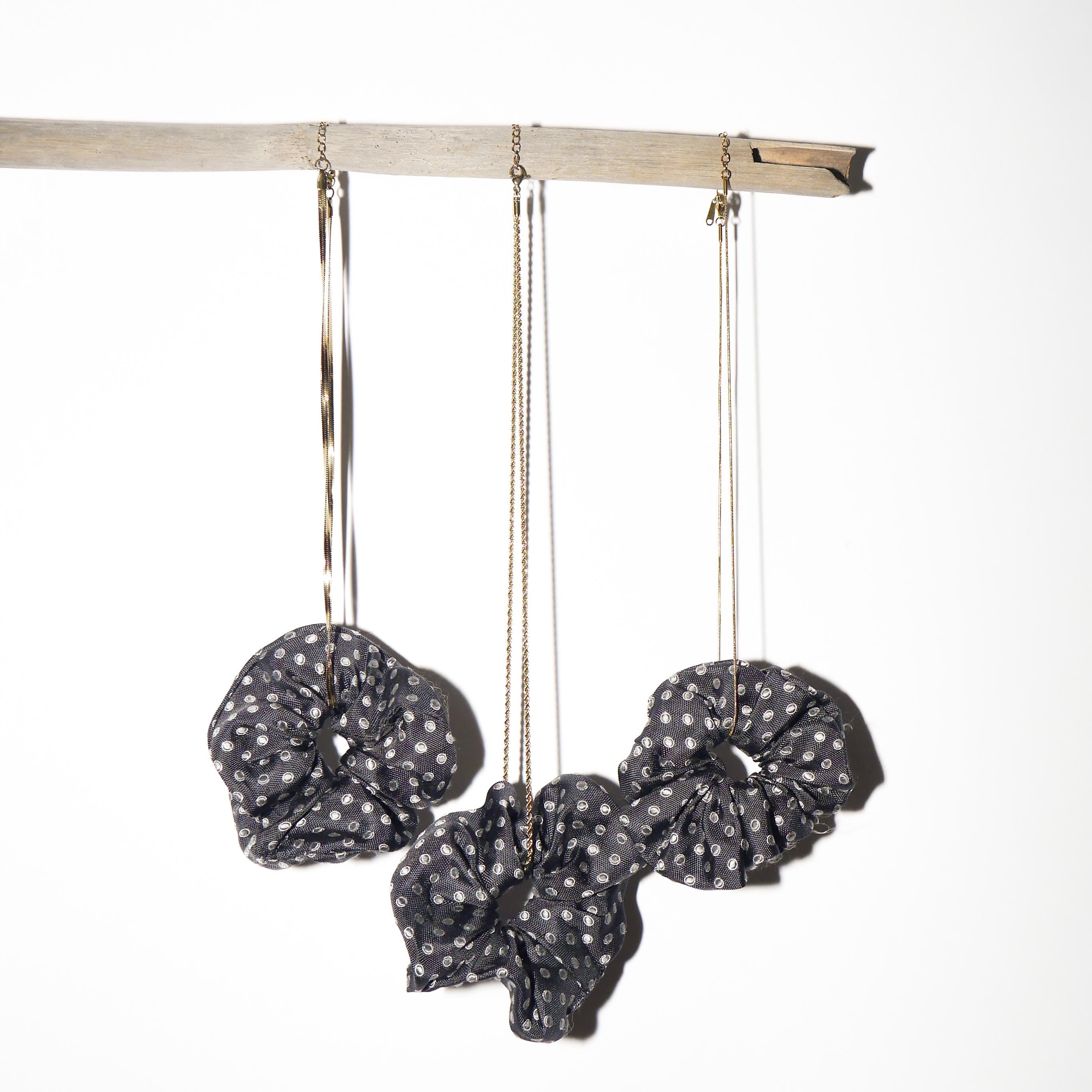 Handmade 100% Silk Scrunchie from Vintage 1980s Tie by MODOPOL - Dark Gray in Polka Dots