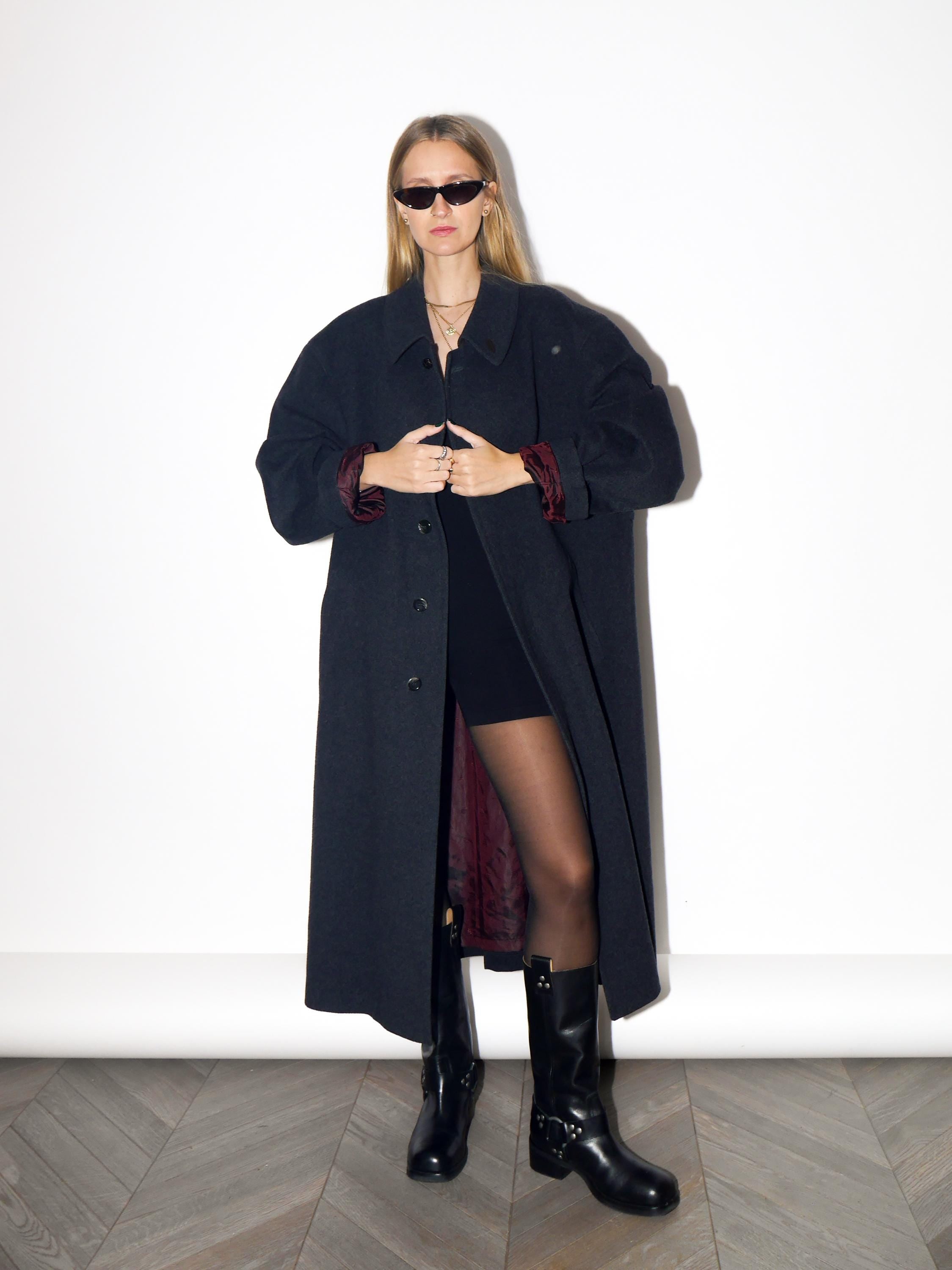 VINTAGE Dark Gray Wool Maxi Oversized Coat From The 1980s By Bugatti