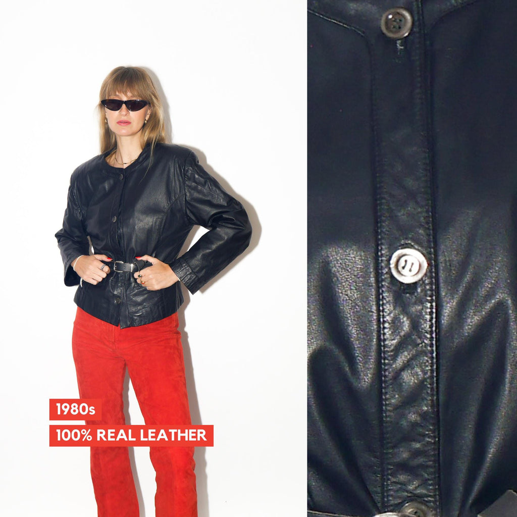 VINTAGE Black Cropped Leather Jacket With Shoulder Pads From The 1980s