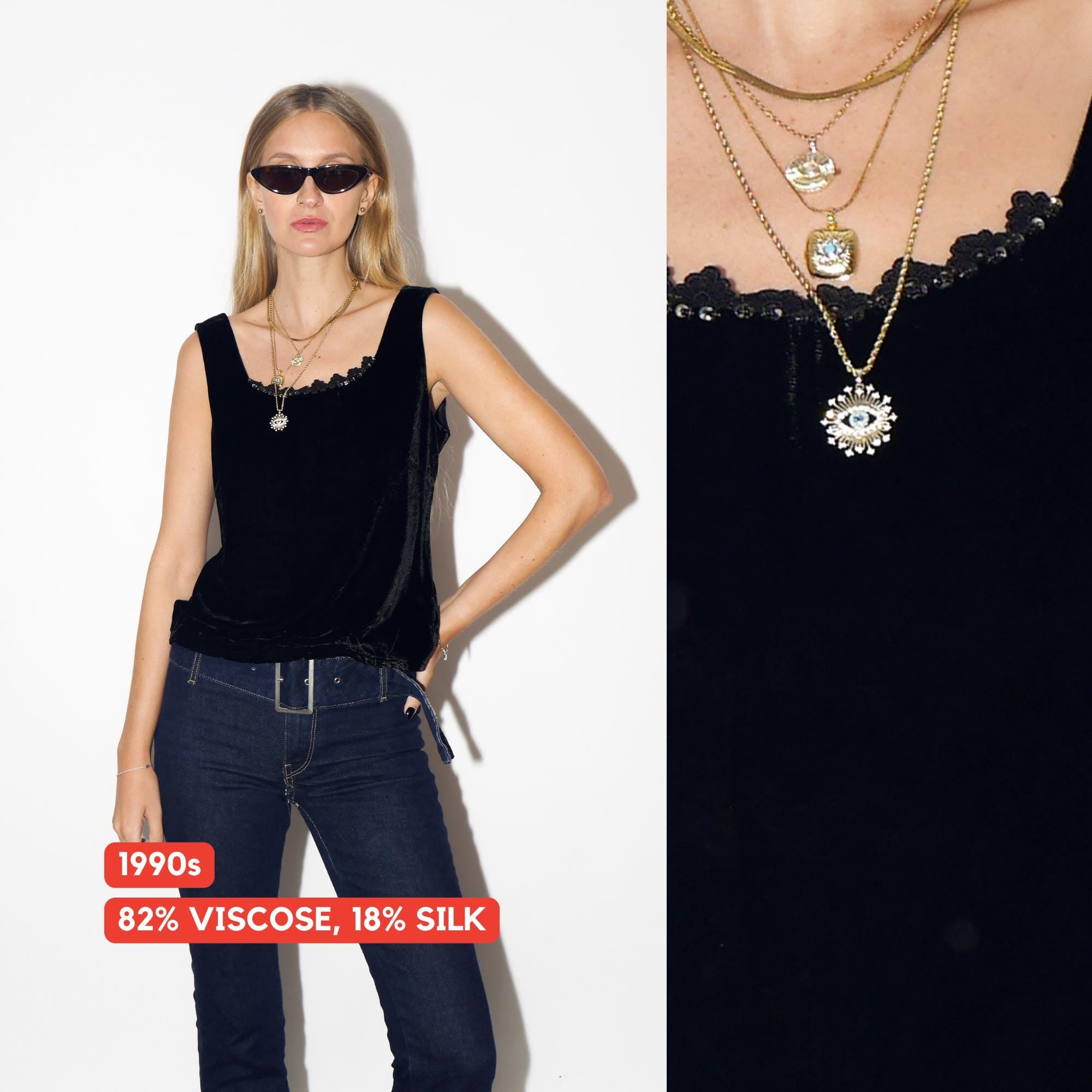 VINTAGE Black Viscose And Silk Velvet Sleeveless Top With Sequins And Lace From The 1990s By Chacha