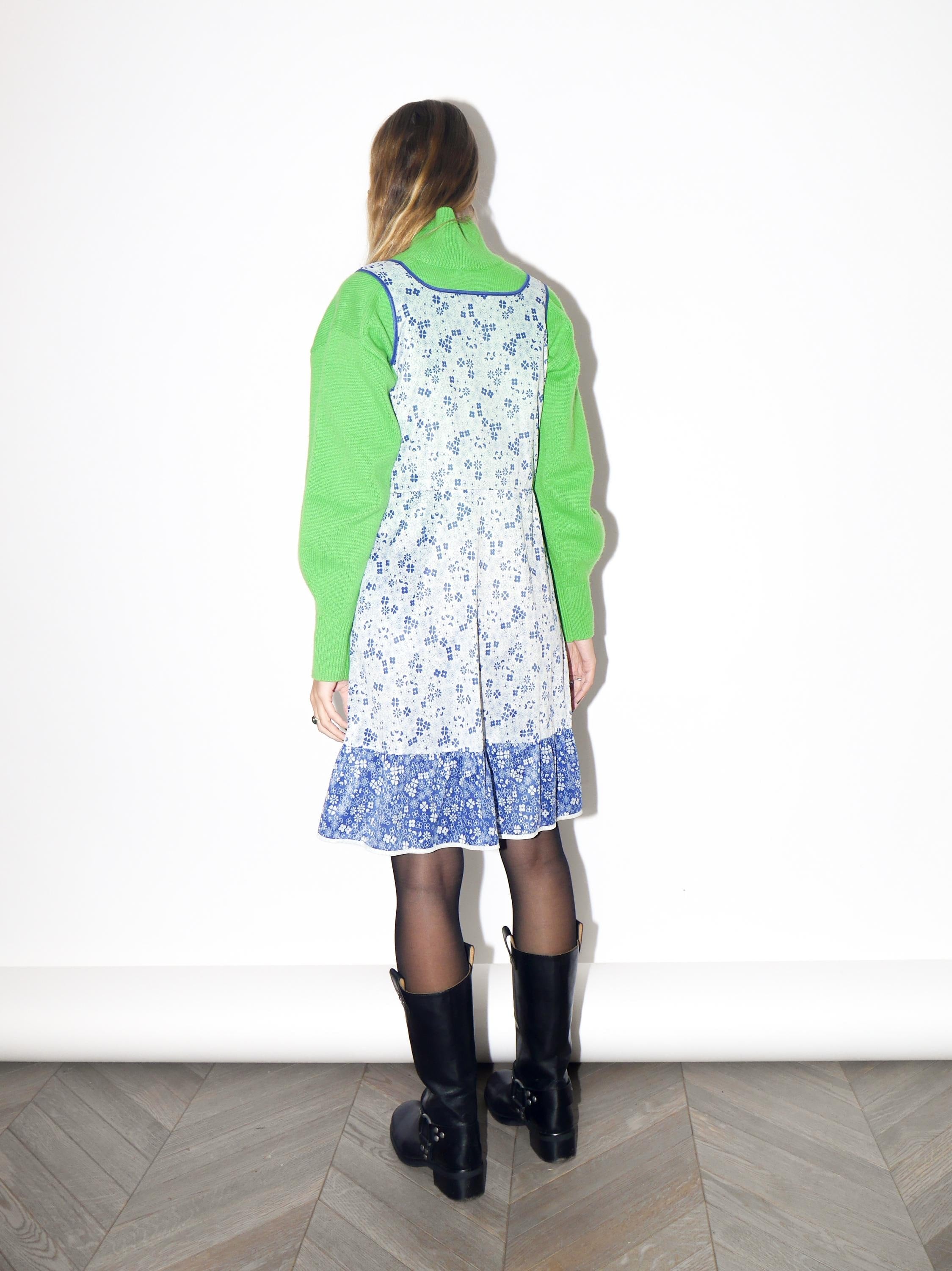 VINTAGE White And Blue Handmade Sleeveless Floral Midi Dress From The 1980s