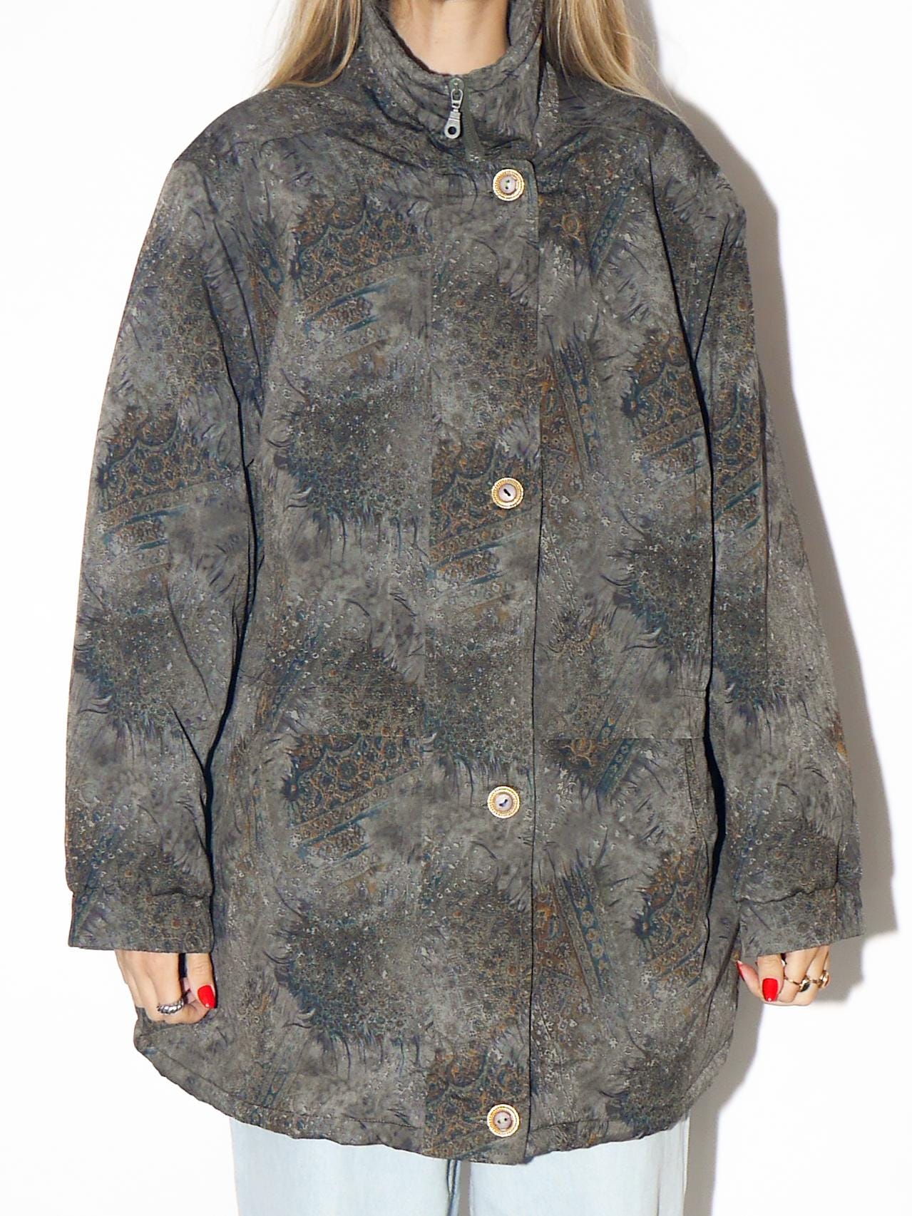 VINTAGE Green And Gold Oversized Parka With Abstract Pattern From The 1980s