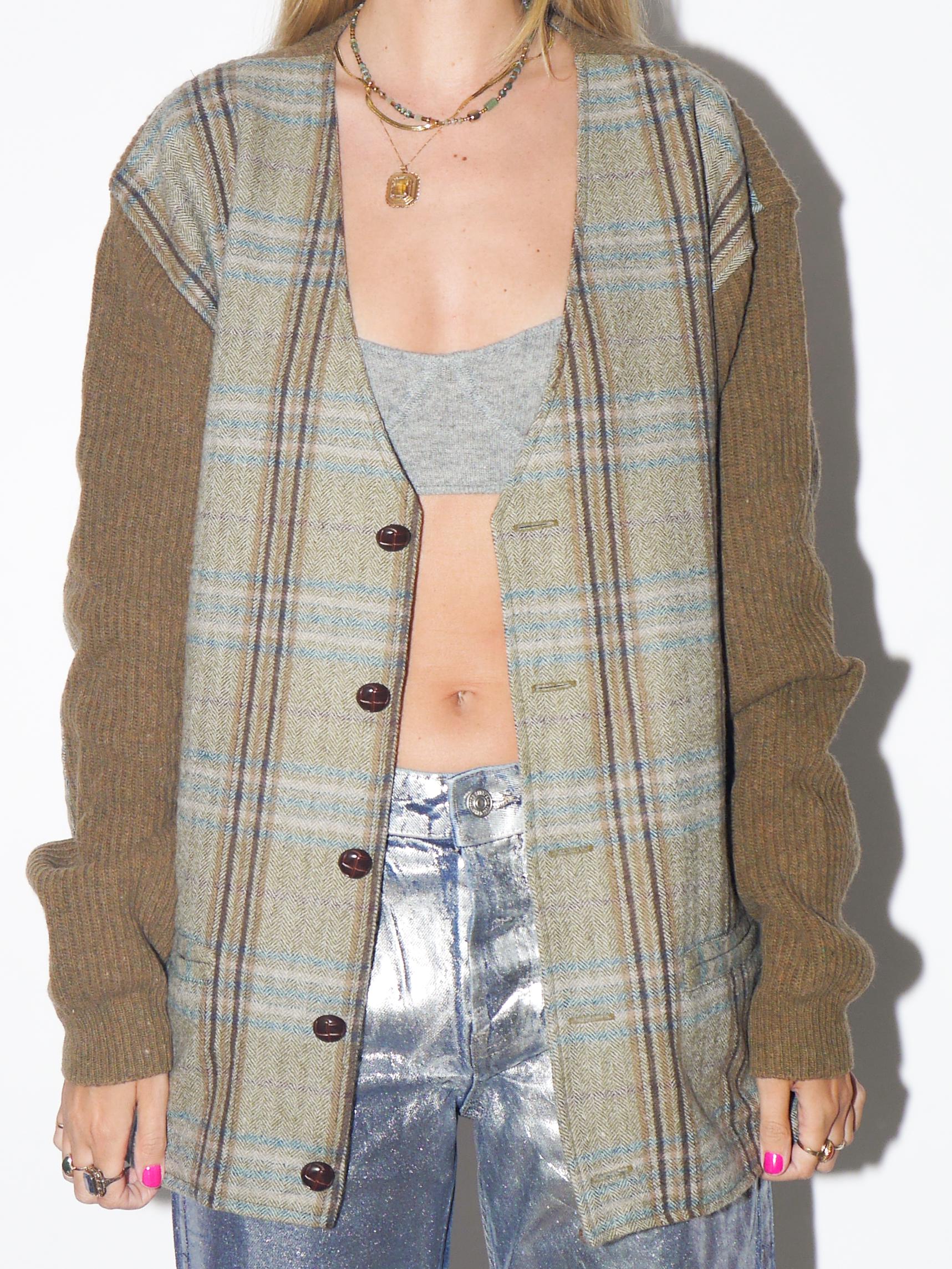 VINTAGE 100% Lambswool Cardigan Blazer With Elbow Patches And Herringbone Front From The 1990s By North Creek Sportswear