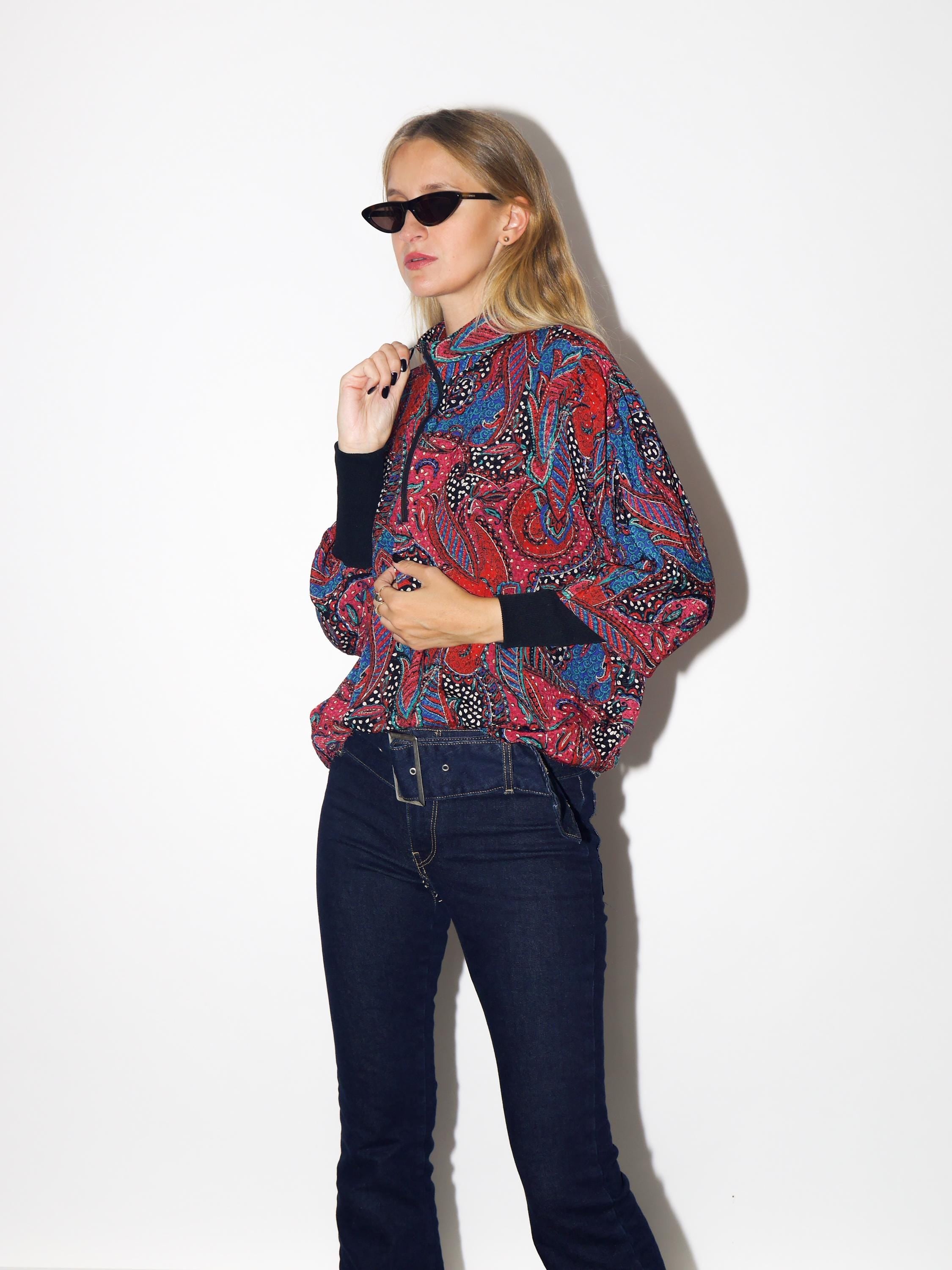 VINTAGE Red And Blue Paisley Half Zip Top With Stand-Up Collar From The 1980s By Kurt Kellermann