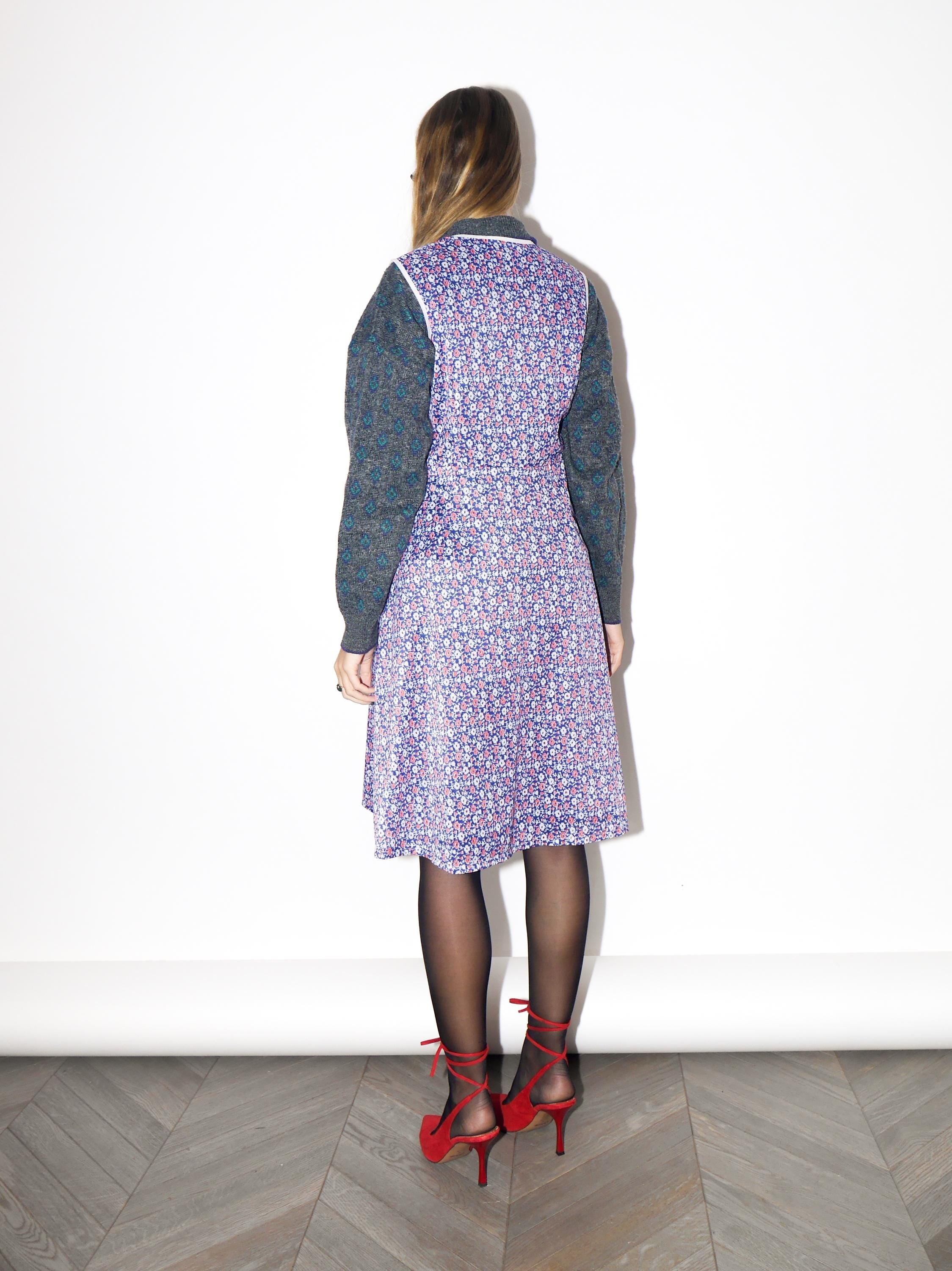 VINTAGE Red And Purple Floral Sleeveless Button-Down Handmade Dress From The 1980s