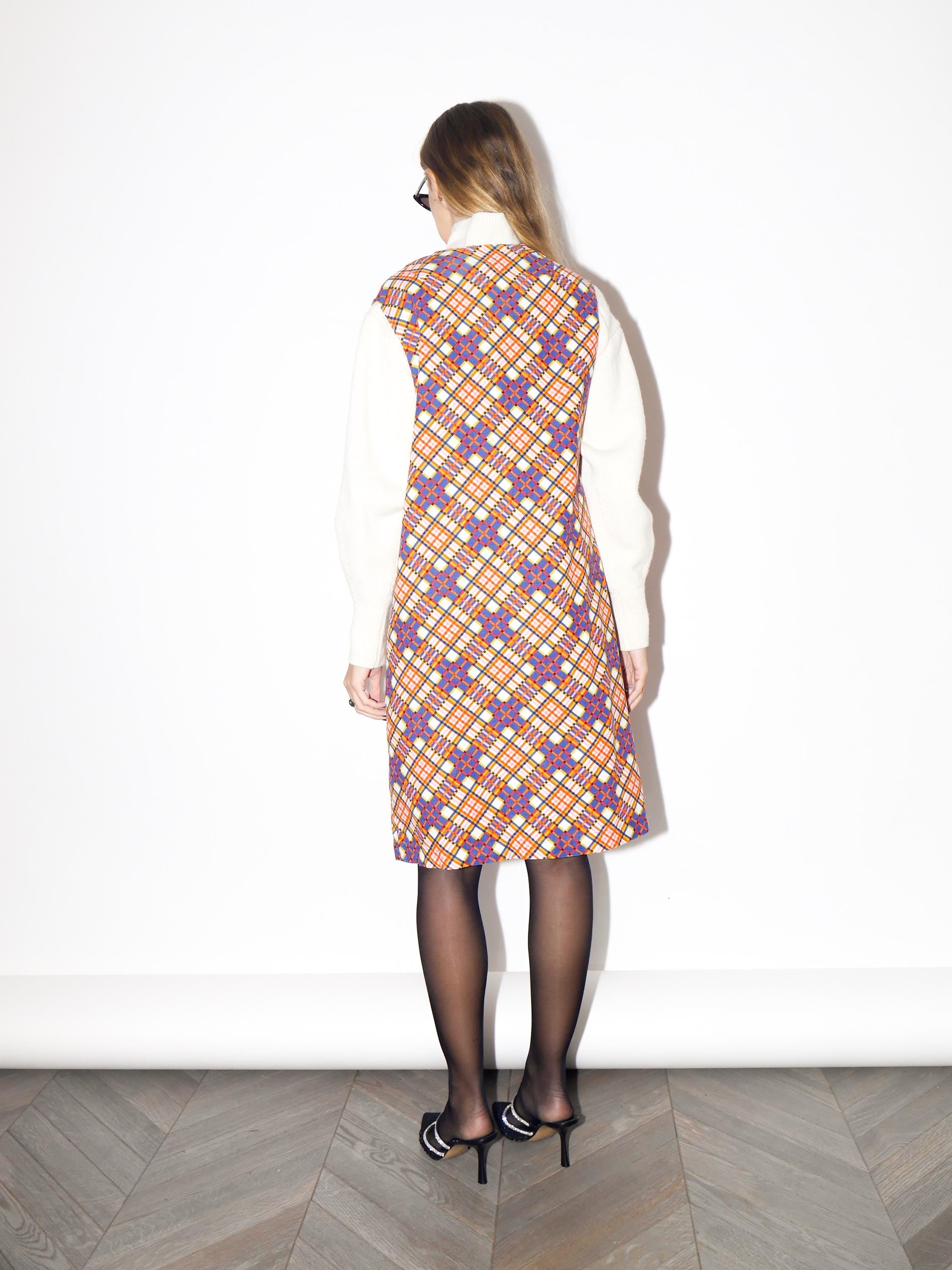 VINTAGE Orange And Beige Checked Cotton Sleeveless Dress From The 1980s By Miloty