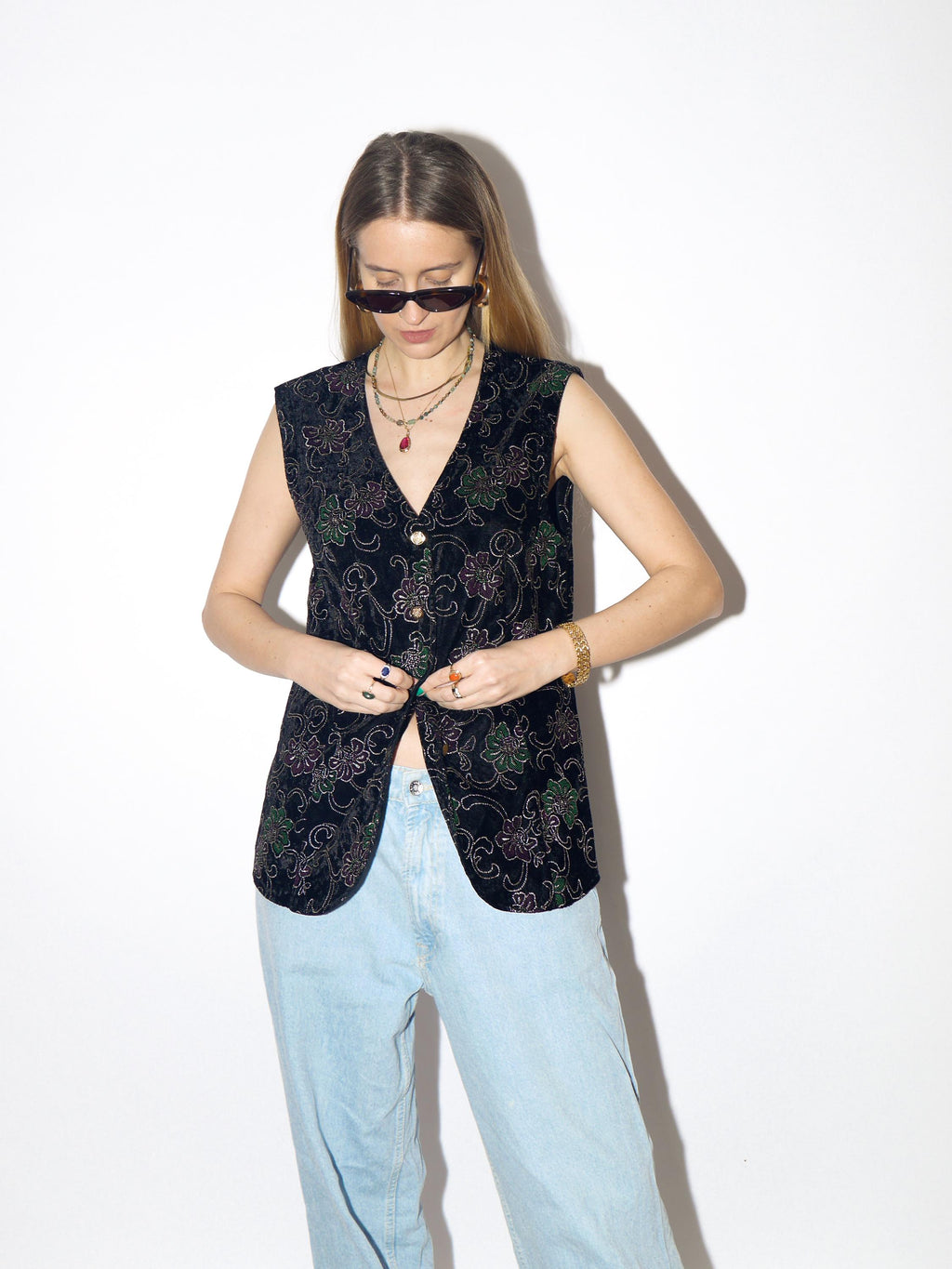 VINTAGE black velvet vest from 1980s in gold floral embroidery from acetate