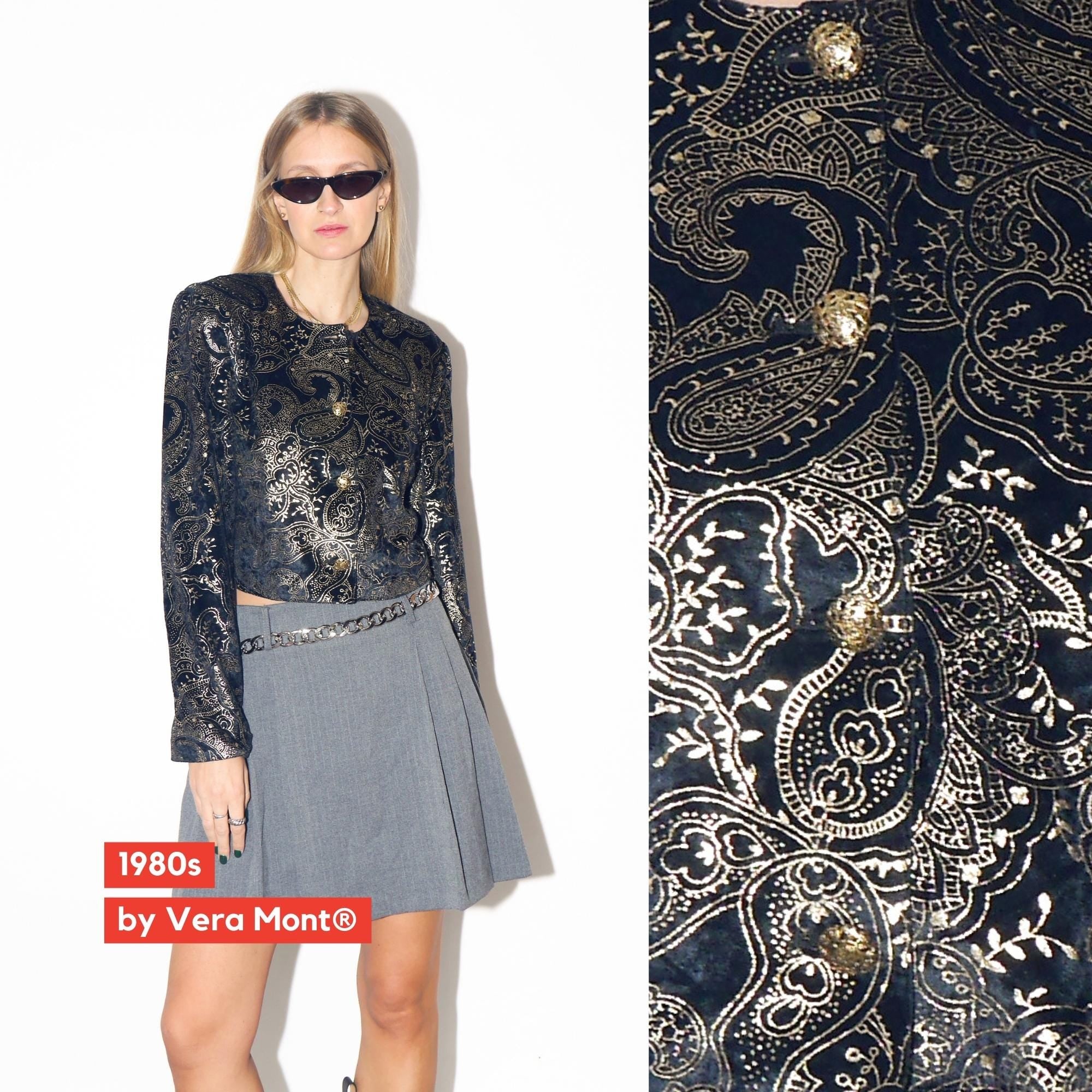 VINTAGE Black Velvet Cropped Blazer With Gold Metallic Pattern And Shoulder Pads From The 1980s By Vera Mont