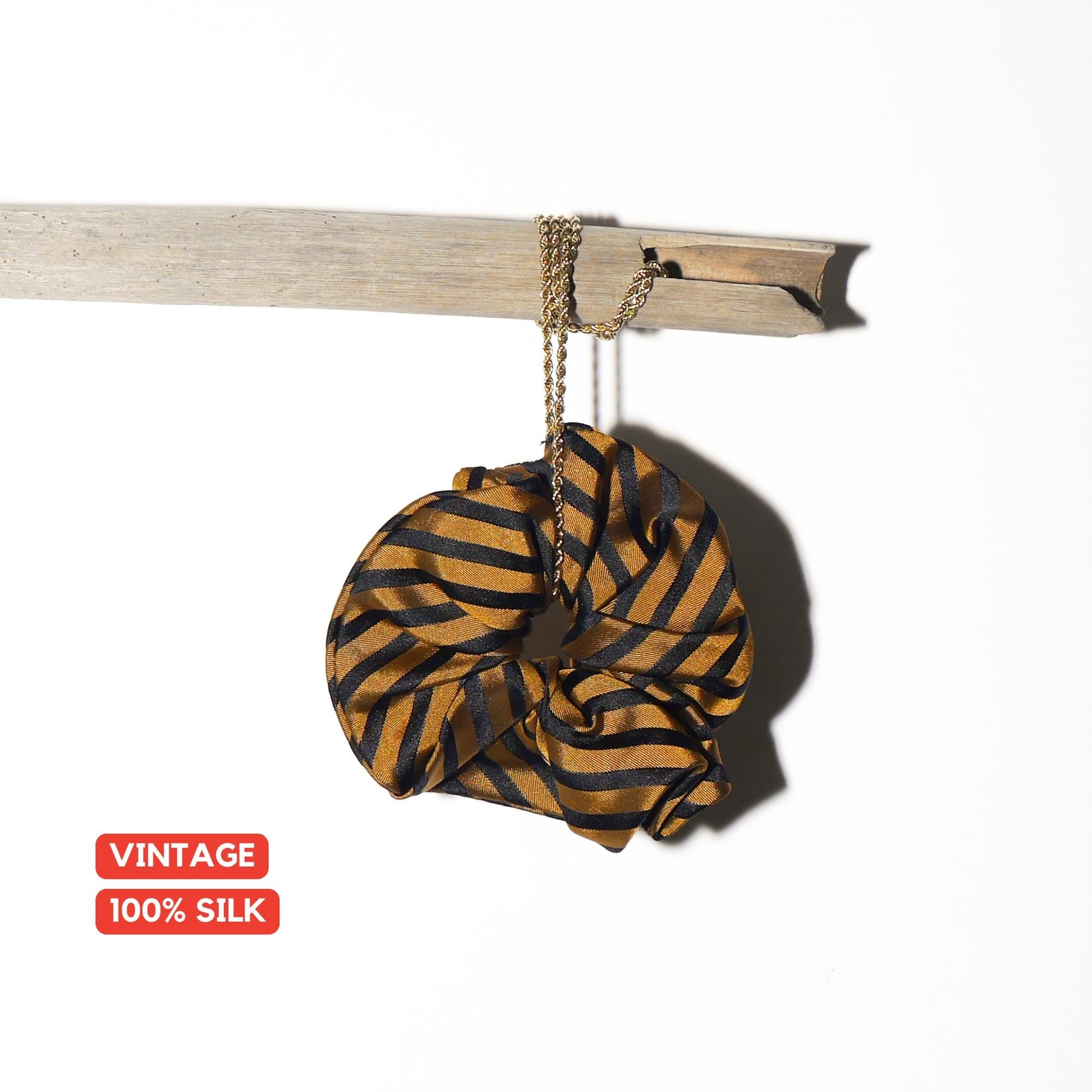 Handmade 100% Silk Scrunchie from Vintage 1980s Tie by MODOPOL - Orange and Black Stripes by Olymp
