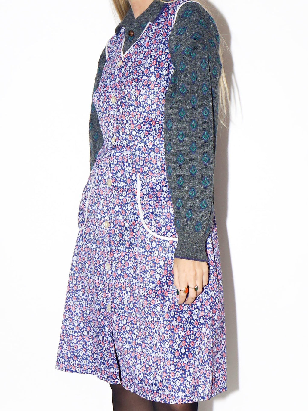 VINTAGE Red And Purple Floral Sleeveless Button-Down Handmade Dress From The 1980s