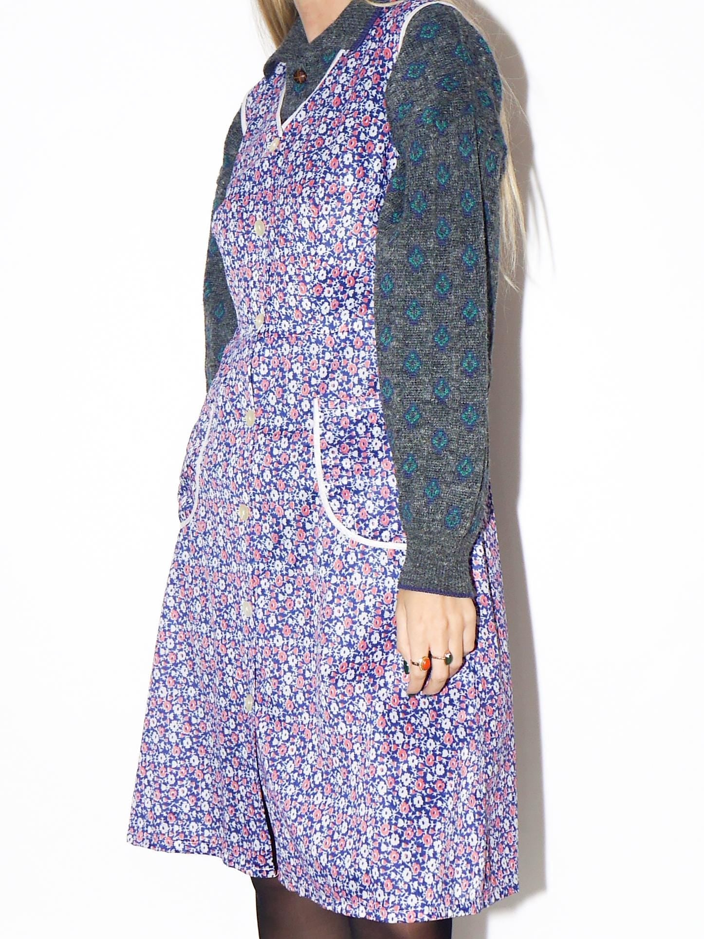 VINTAGE Red And Purple Floral Sleeveless Button-Down Handmade Dress From The 1980s