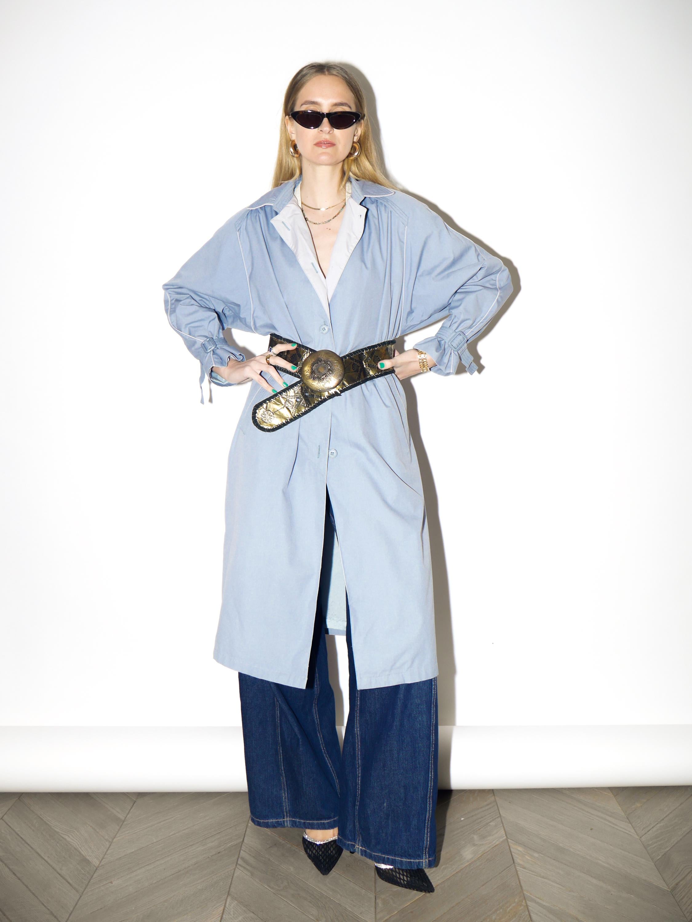VINTAGE Baby Blue Trench Coat from 1980s | Midi Blue Cotton Trench Coat