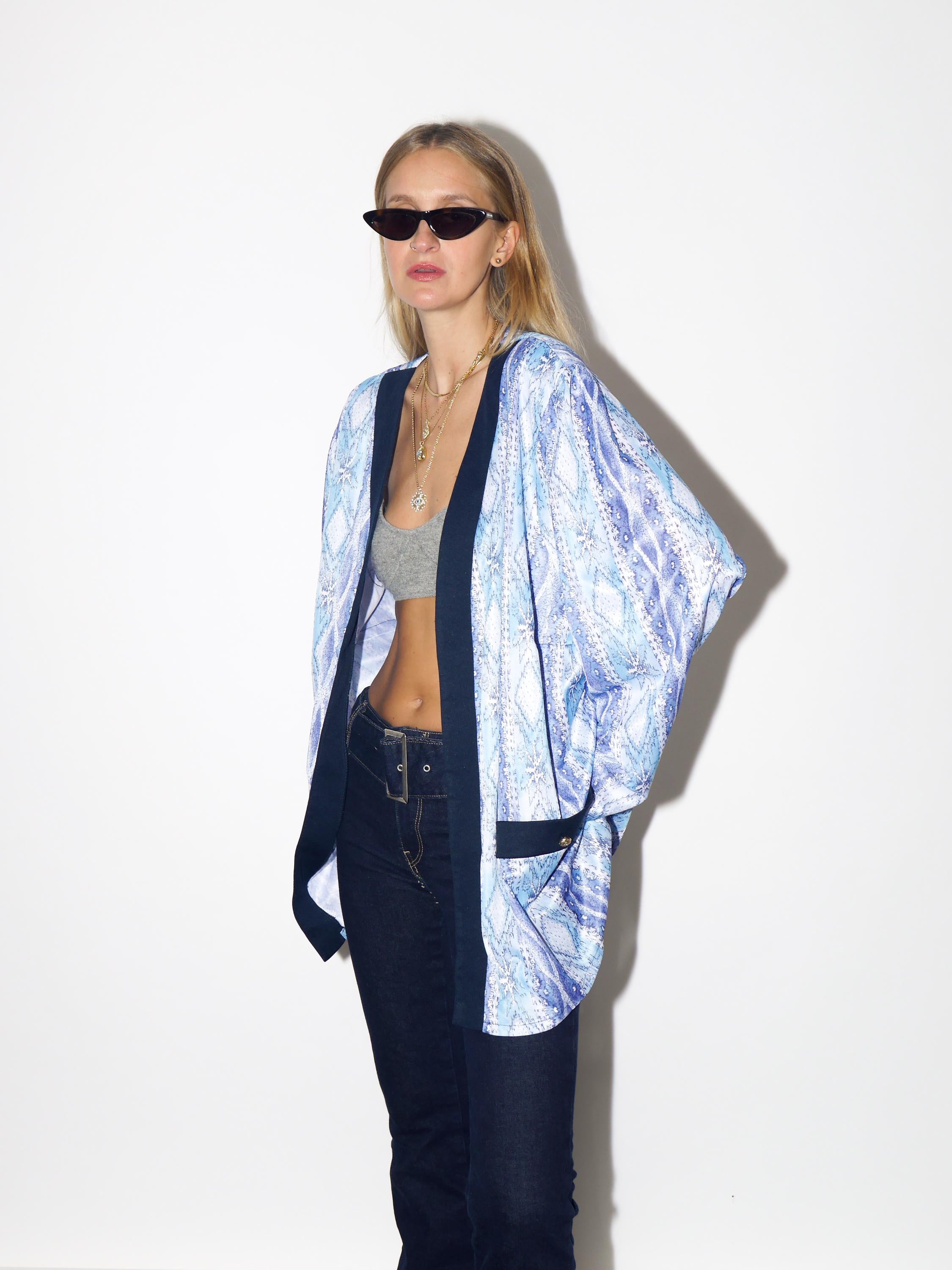 VINTAGE Navy Abstract Print Blazer From The 1980s With Navy Trim
