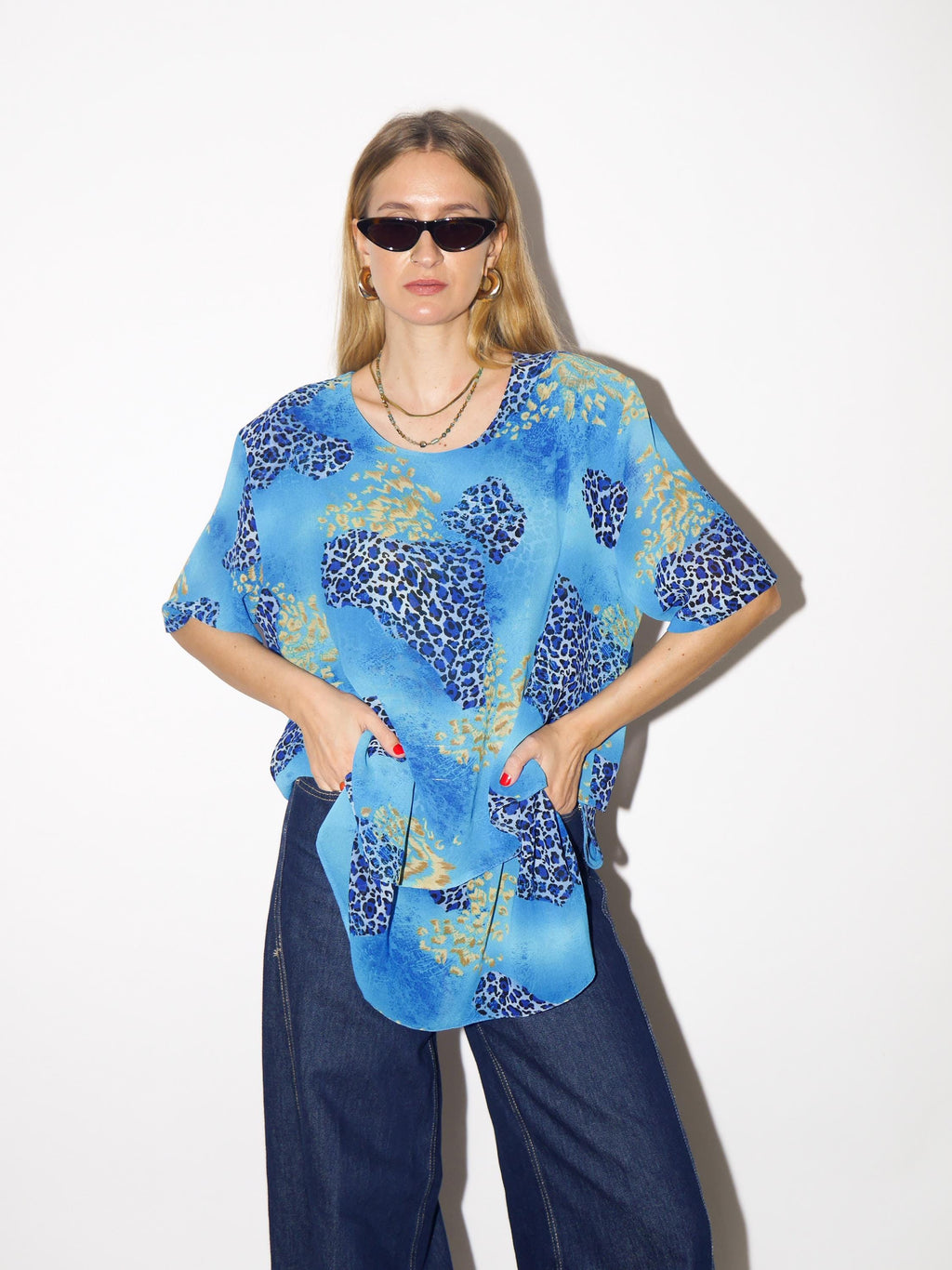 VINTAGE blue cheetah blouse, sheer oversized animal print blouse from 1980s