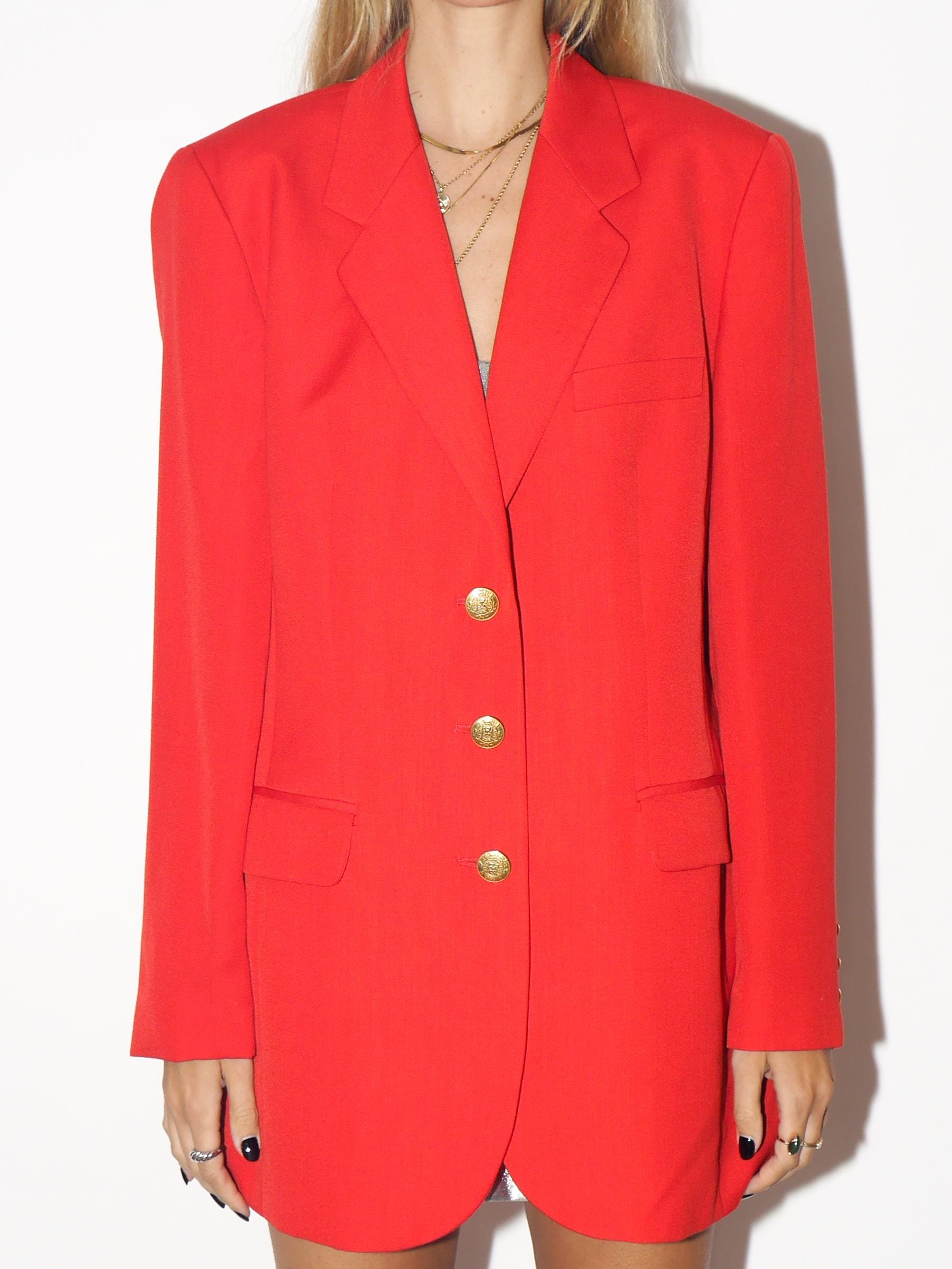 VINTAGE Tomato Red Wool Blazer From The 1980s With Gold Buttons By Hucke
