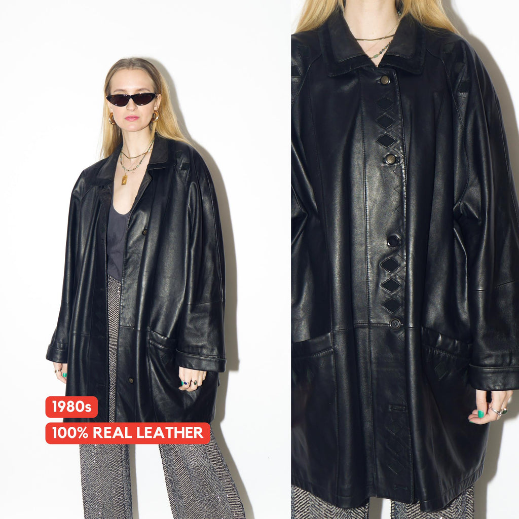 VINTAGE black leather jacket from 1990s | quality retro leather oversize jacket