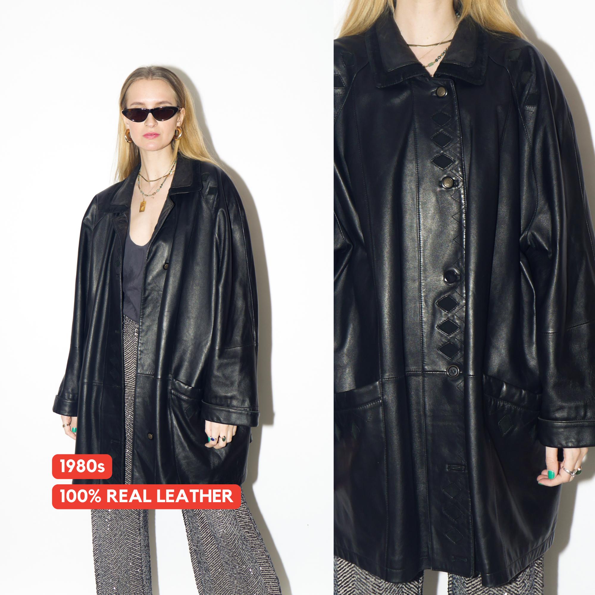 VINTAGE black leather jacket from 1990s | quality retro leather oversize jacket