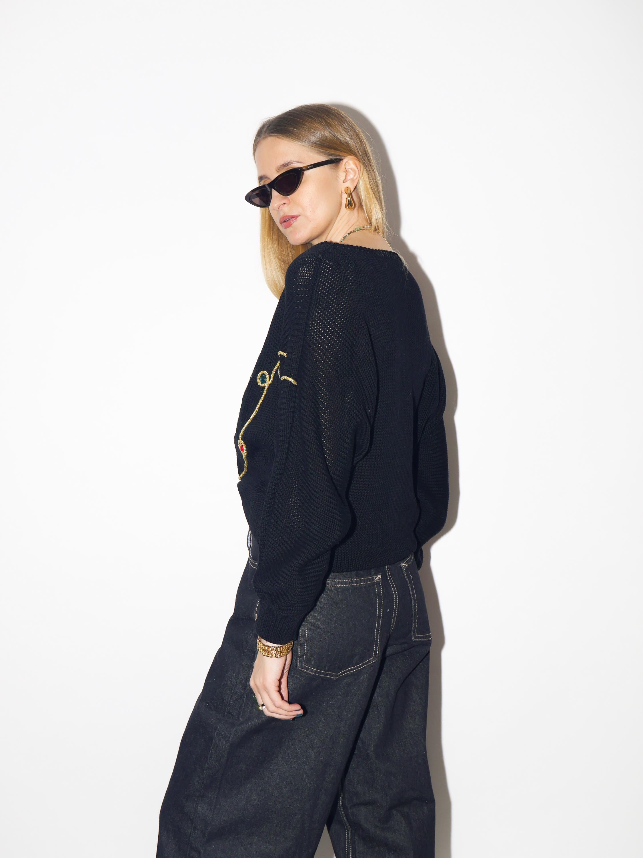 VINTAGE black oversize cotton sweater from 1980s with gold embroidery
