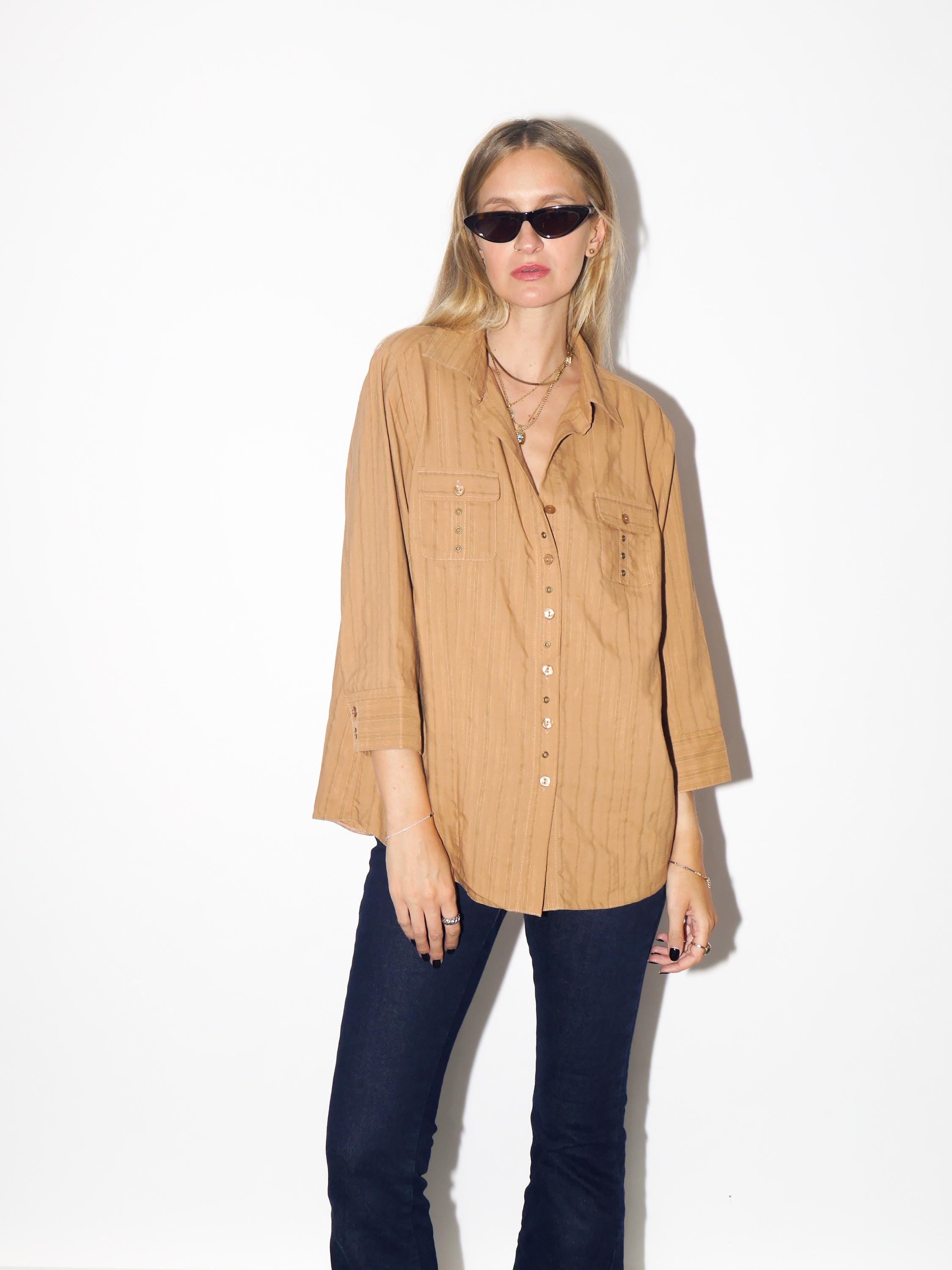 VINTAGE Brown Striped Viscose Three-Quarter Sleeve Shirt With Decorative Buttons From The 1980s