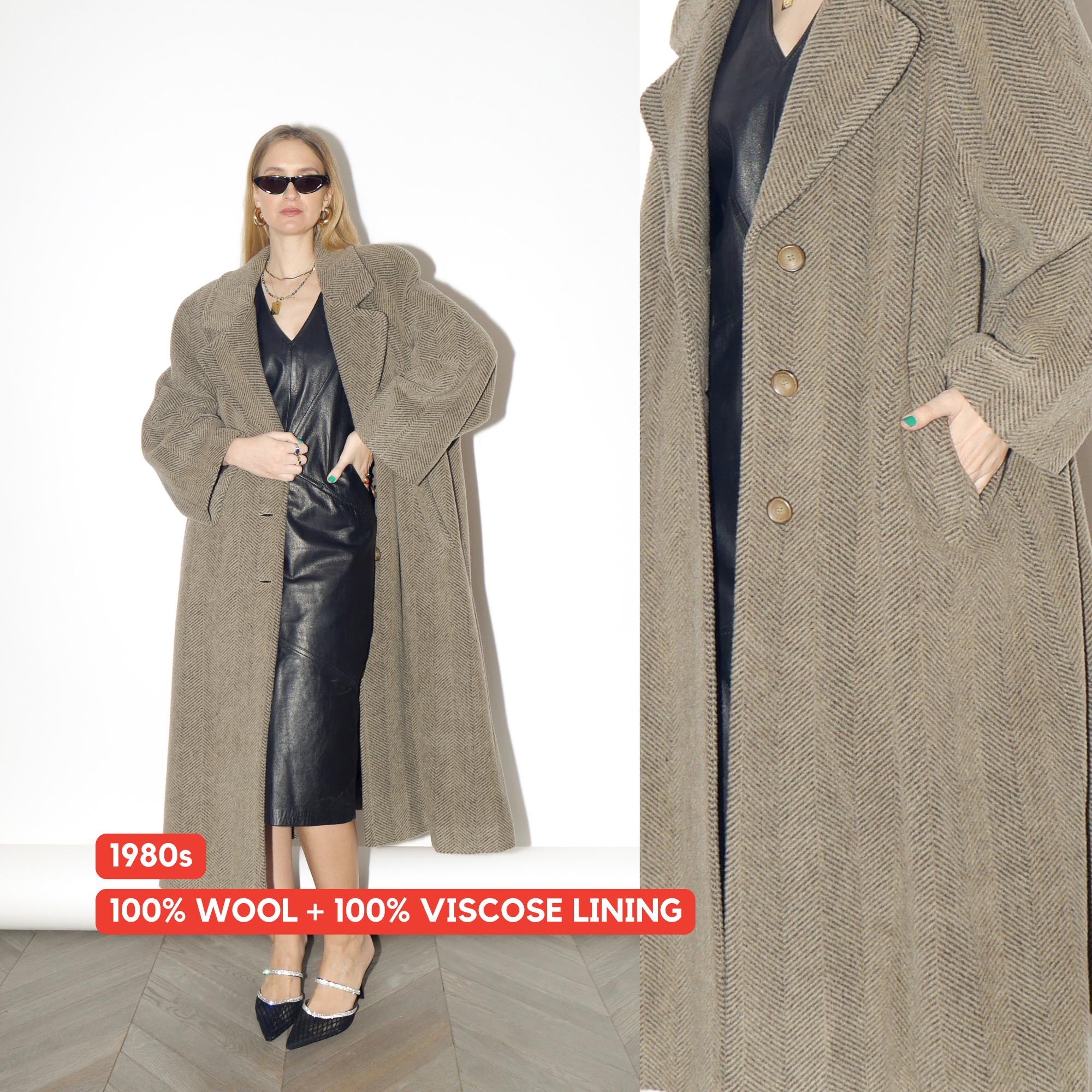 VINTAGE Oversized Wool Coat from 1980s | Beige Herringbone Maxi Coat by Cora®