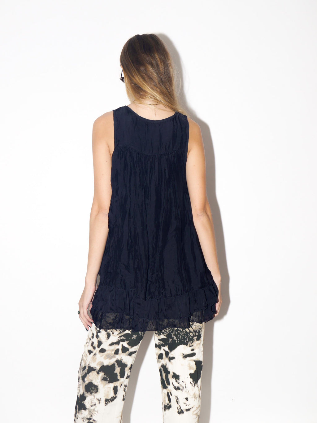 VINTAGE Black Layered Silk Sleeveless Blouse From The 1990s By Crème Fraiche