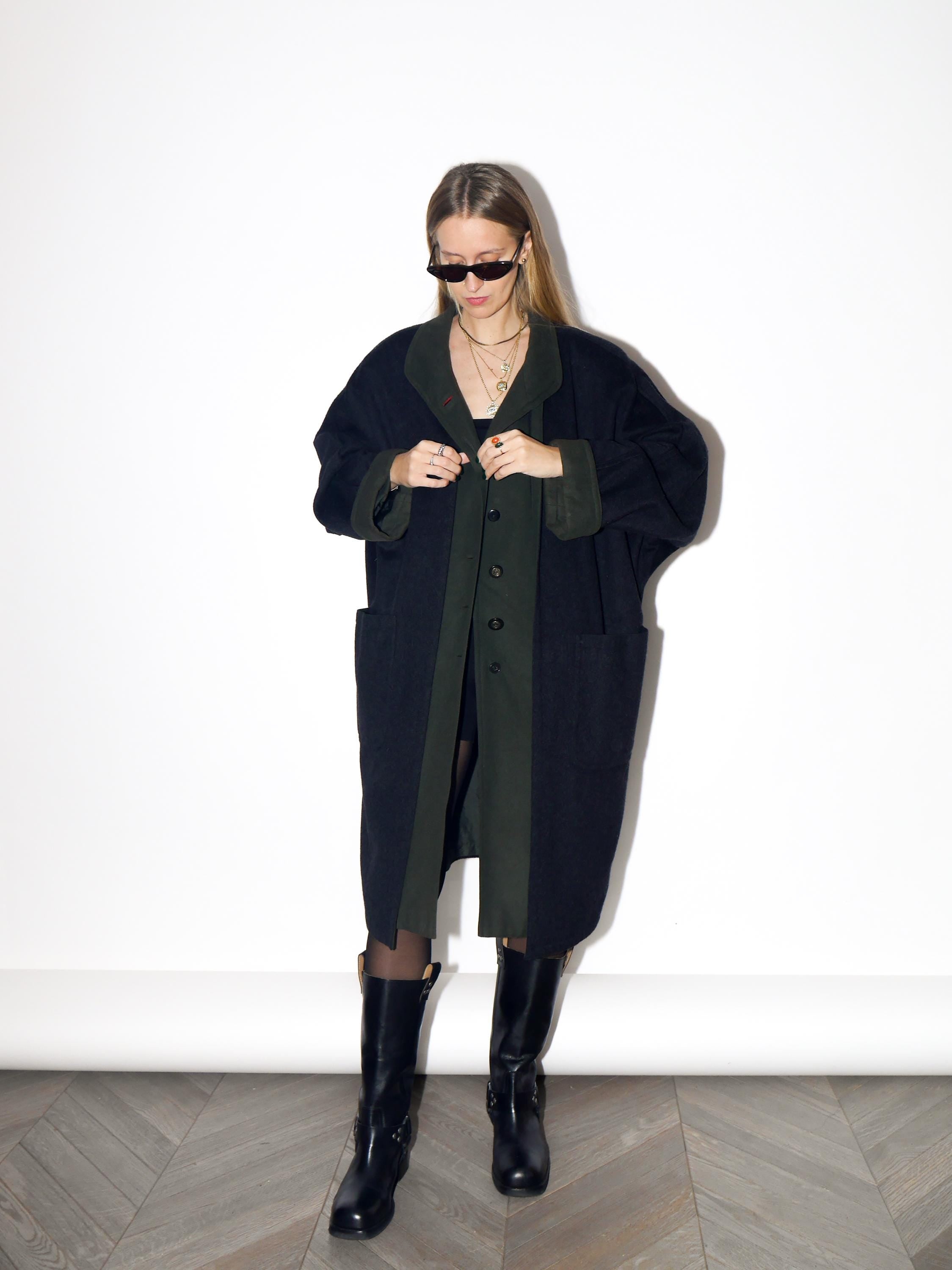 VINTAGE Dark Gray And Forest Green Wool Cashmere Oversized Coat From The 1980s