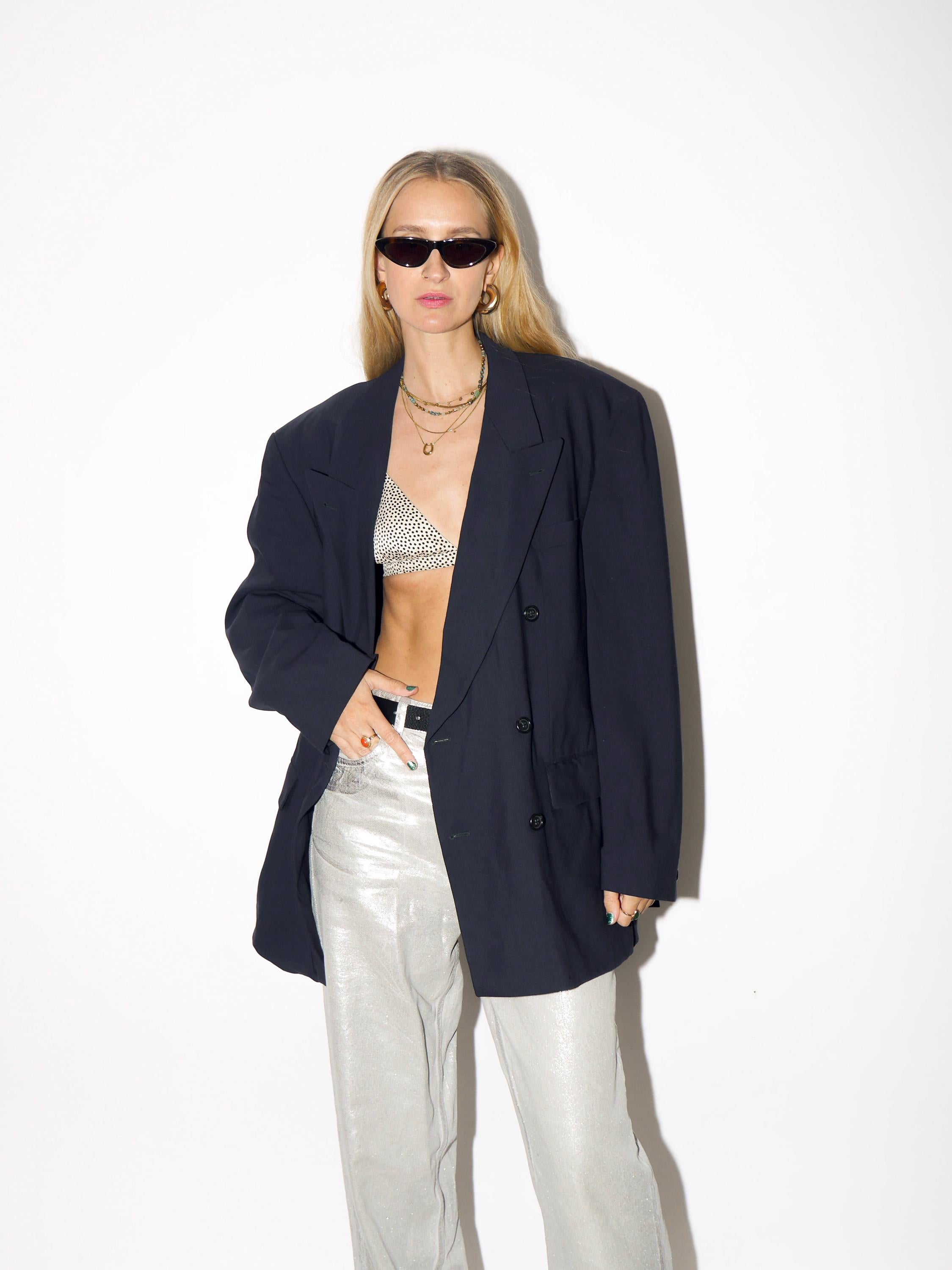 1980s Graphite Wool Blazer - Vintage Double-Breasted Oversize Blazer with Shoulder Pads by Finkmann Excl, Retro Fashion Clothing for Women
