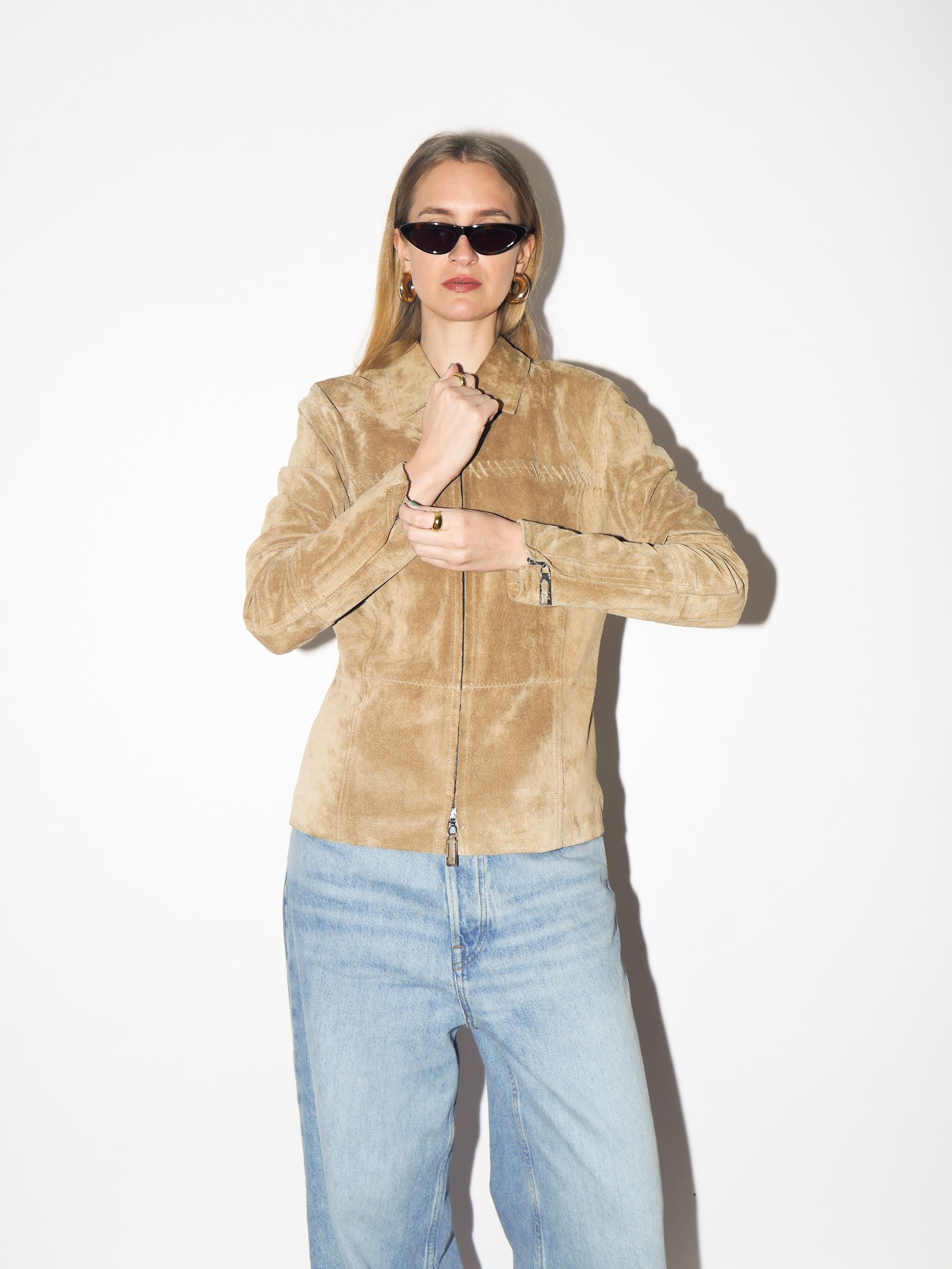 VINTAGE Beige Suede Jacket from 1980s | Betty Barkley Double Zip Leather Jacket