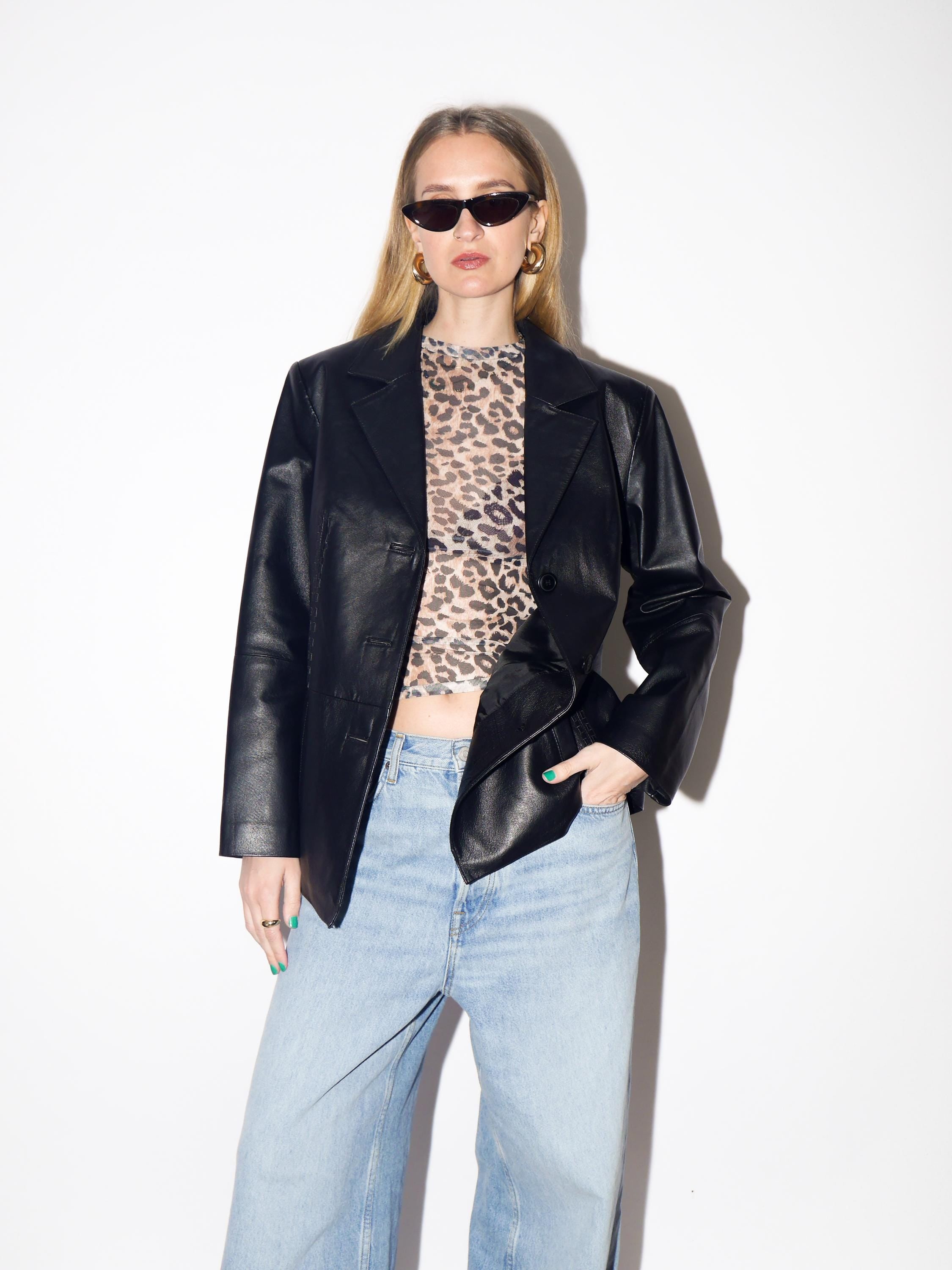 VINTAGE Black Leather Jacket from 1980s | Vintage Black Leather Oversize Blazer