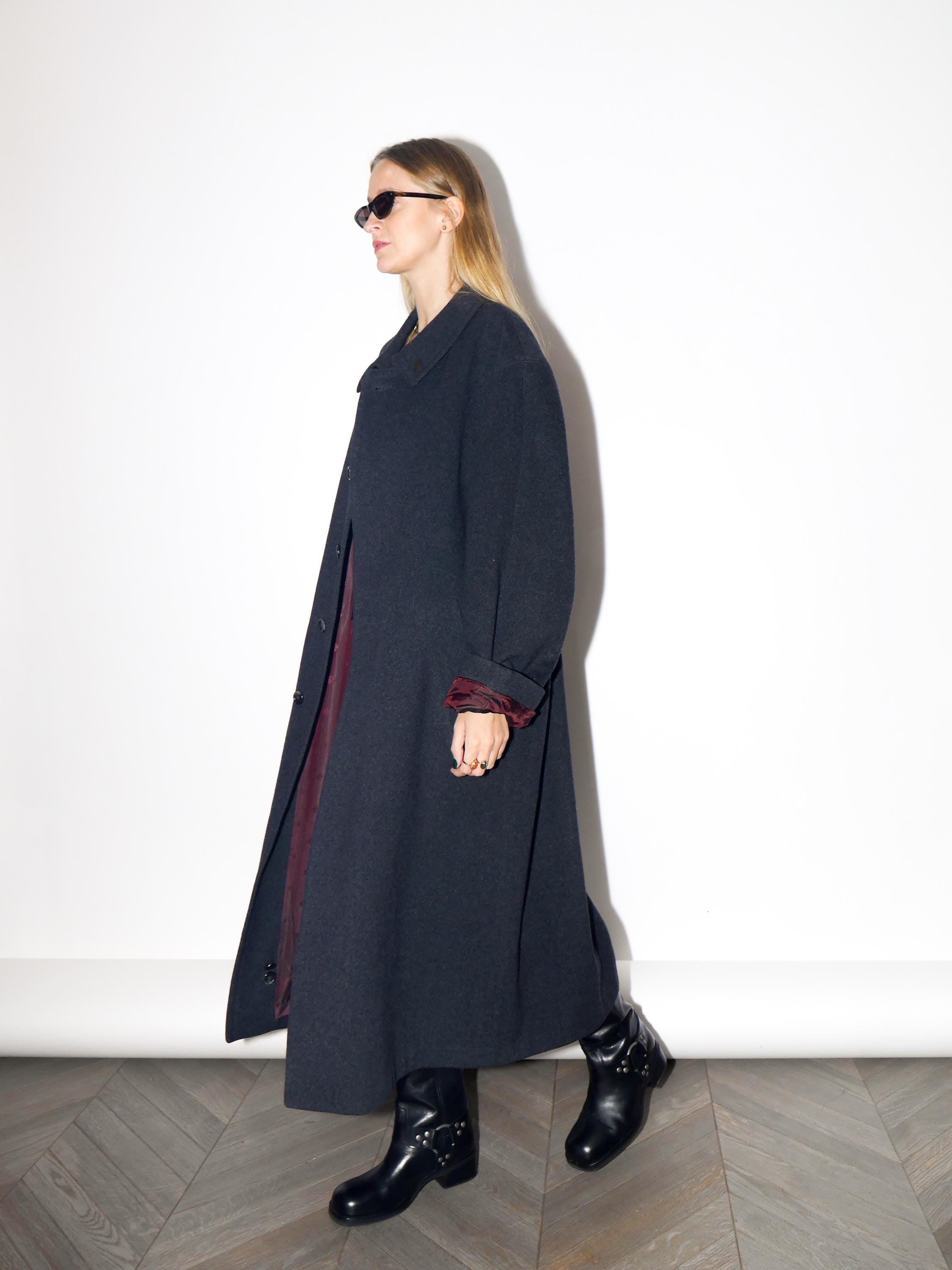 VINTAGE Dark Gray Wool Maxi Oversized Coat From The 1980s By Bugatti