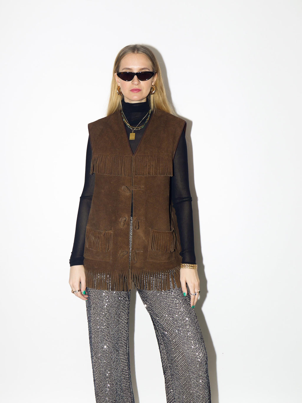 VINTAGE brown suede vest from 1980s | oversize vintage fringe suede waistcoat