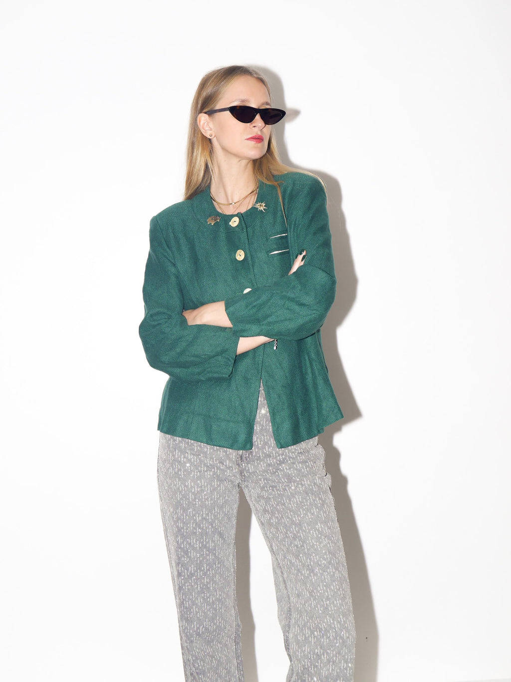 VINTAGE Bottle Green Austrian Folk Linen Blazer From The 1980s