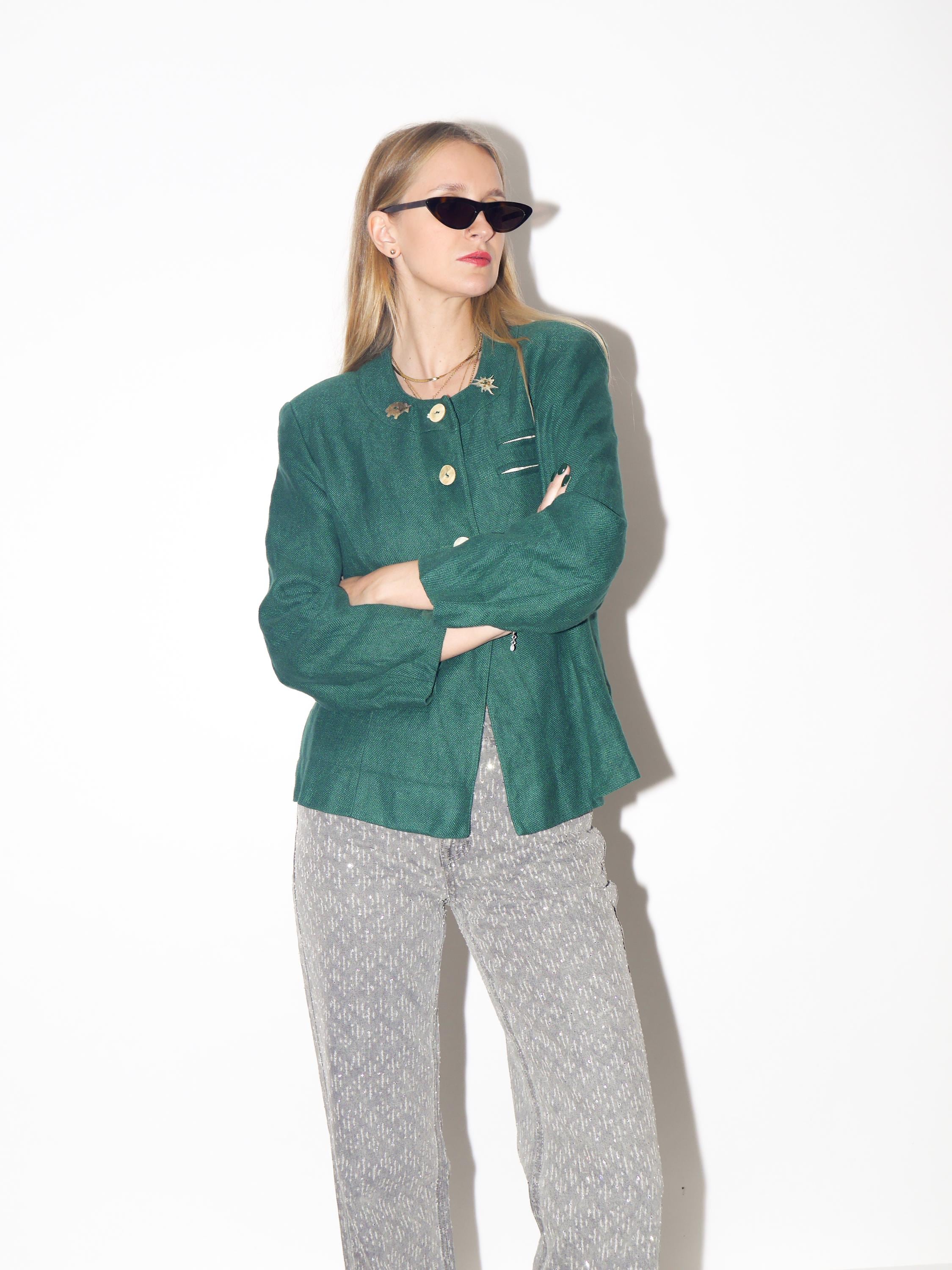 VINTAGE Bottle Green Austrian Folk Linen Blazer From The 1980s