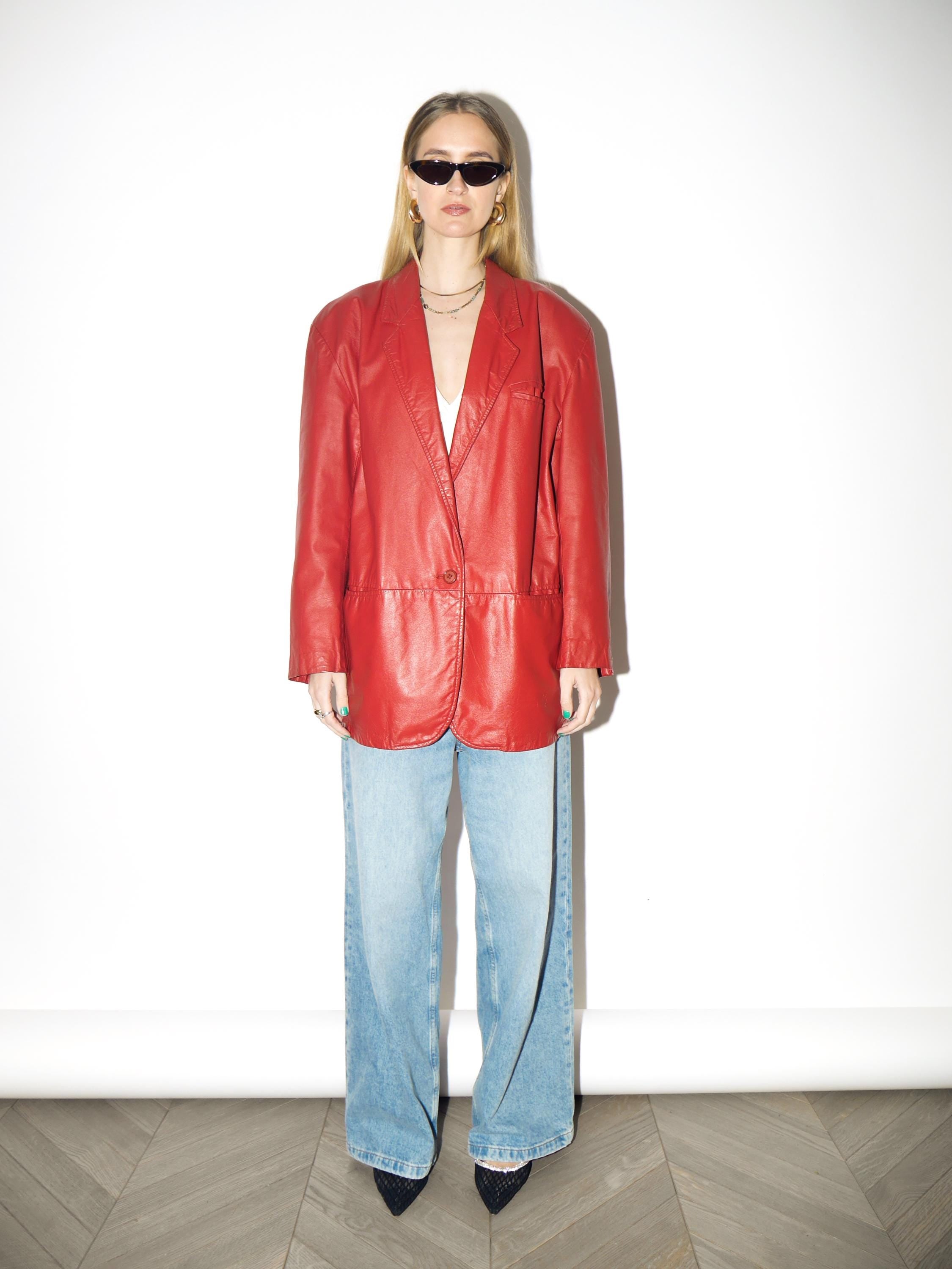 VINTAGE Red Leather Blazer from 1980s | Oversized Red Leather Jacket