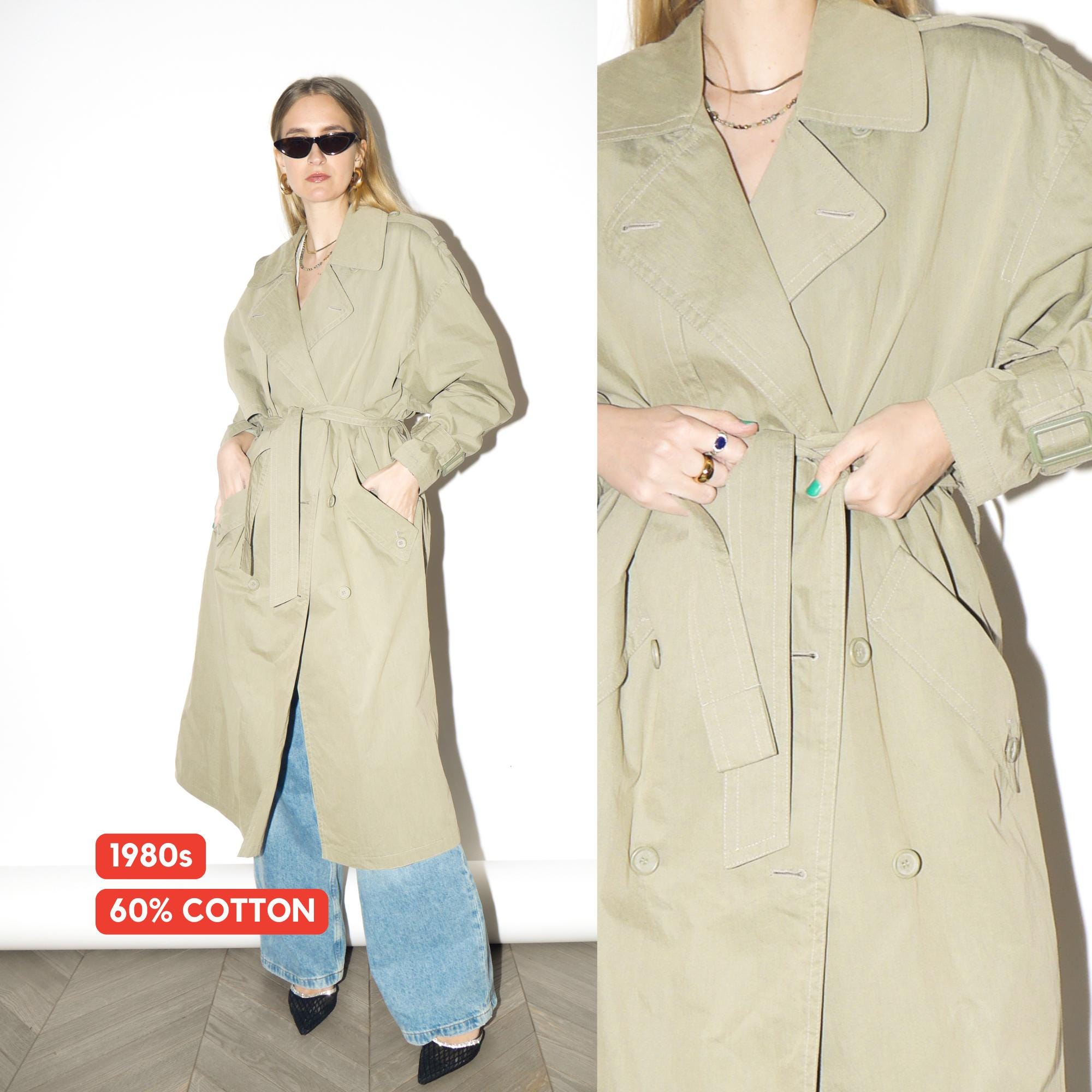 VINTAGE Khaki Maxi Trench Coat from 1980s | Oversized Cotton Trench