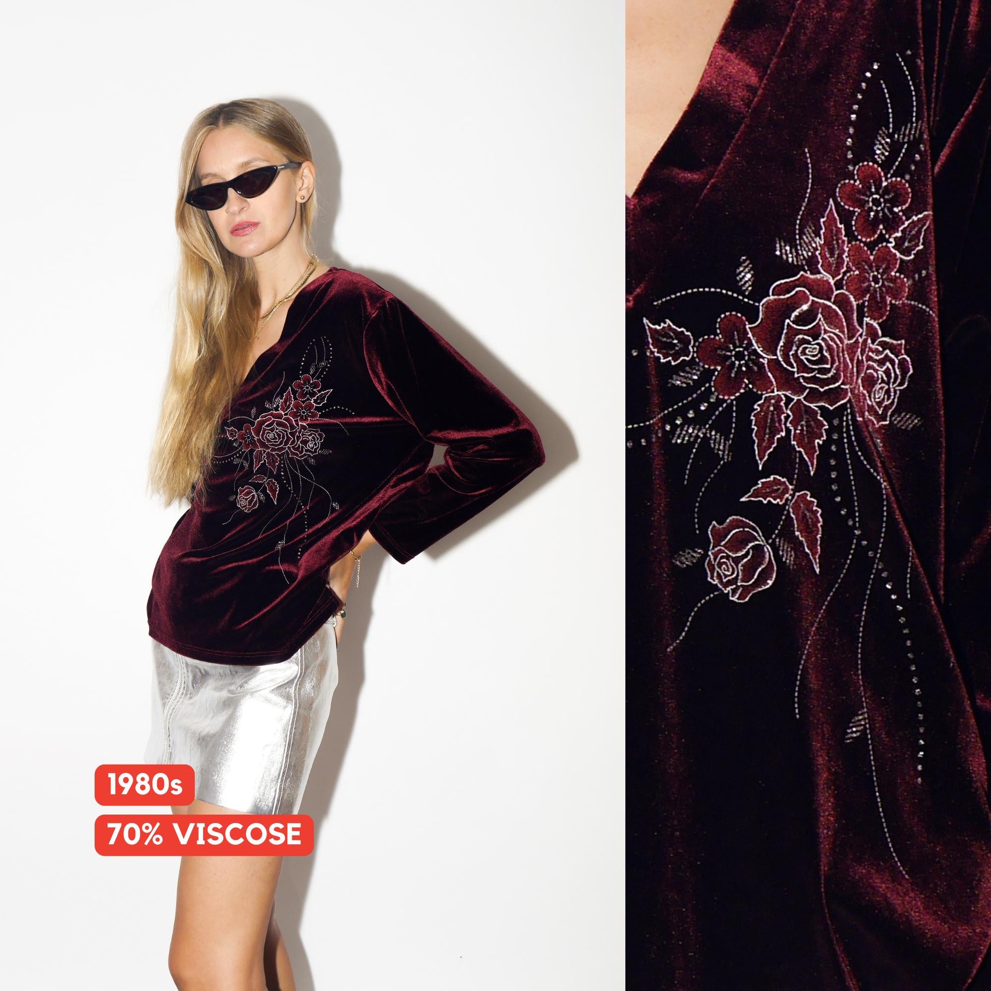 VINTAGE Burgundy Velvet Viscose Blend Long Sleeve Blouse With Glitter Floral Pattern From The 1980s