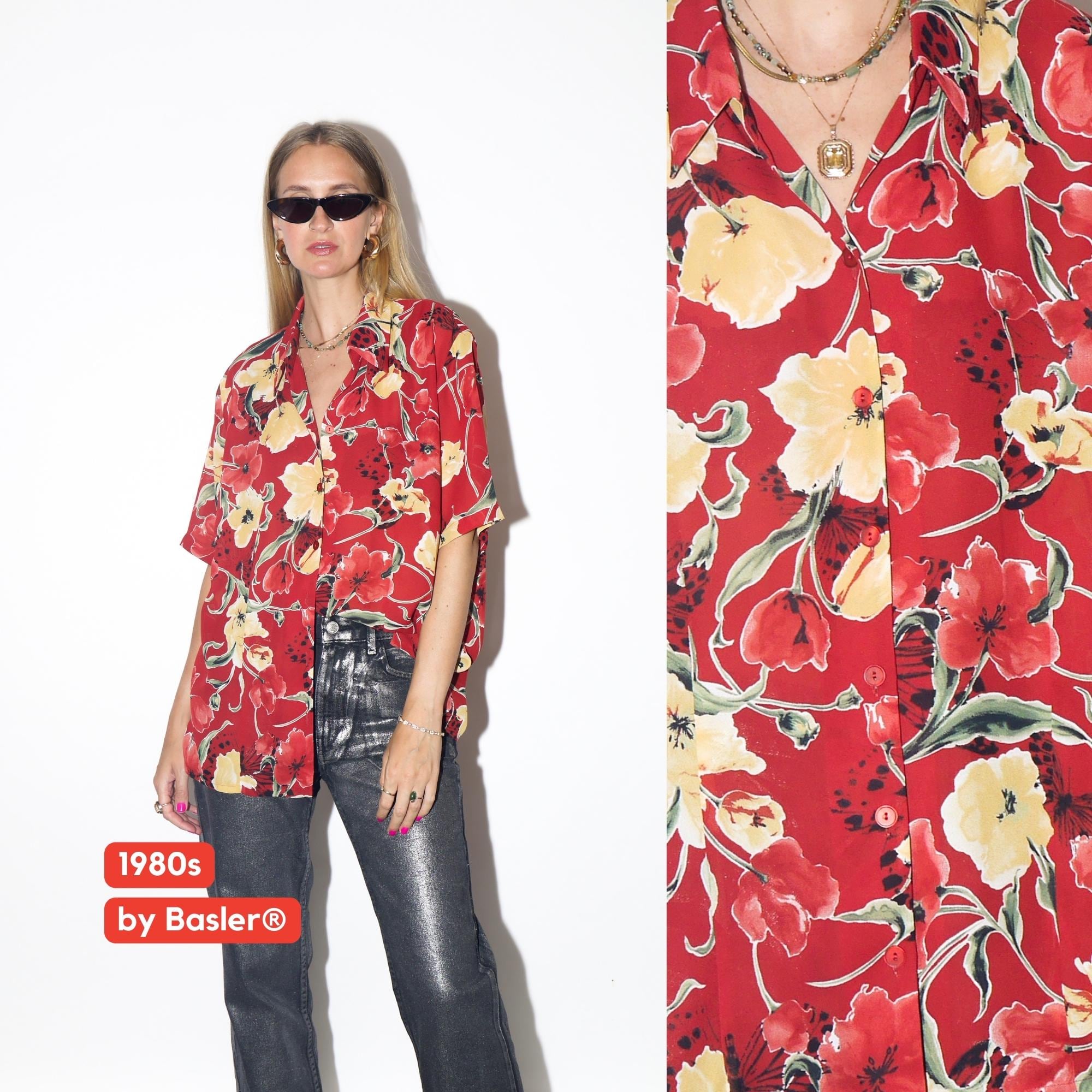 VINTAGE Red And Yellow Tulip Floral Sheer Short Sleeve Shirt Blouse From The 1990s By Basler