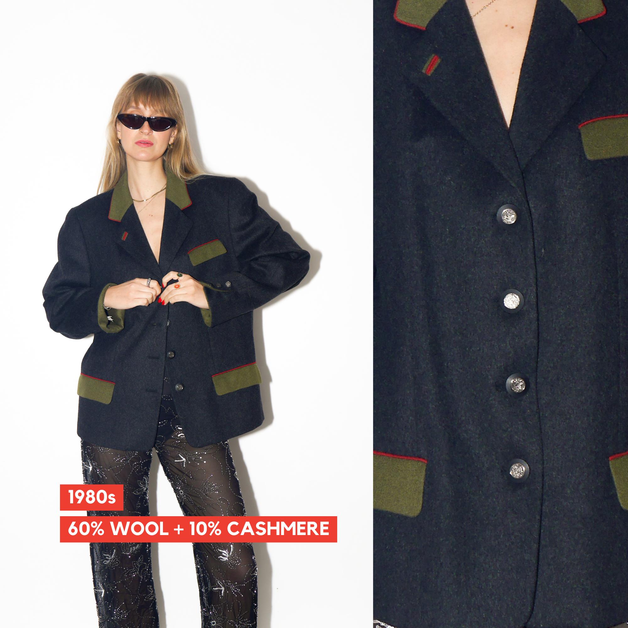 VINTAGE Graphite Grey Austrian Wool Cashmere Blazer With Color Trim From The 1980s